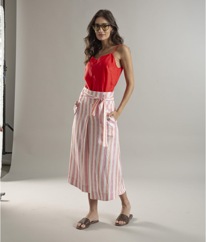 Saia Linho  Ester  Listrada Rosa Gum