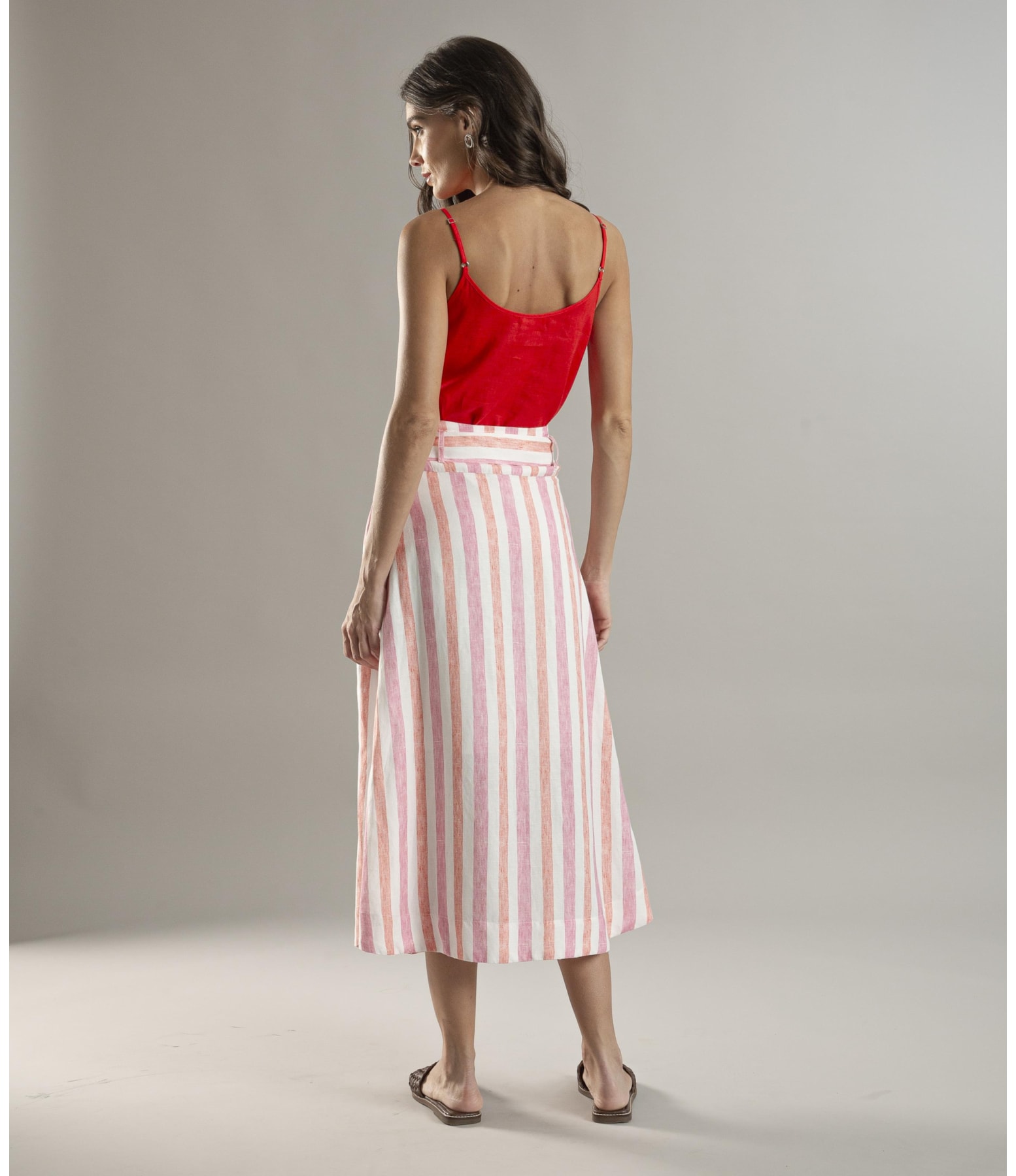 Saia Linho  Ester  Listrada Rosa Gum