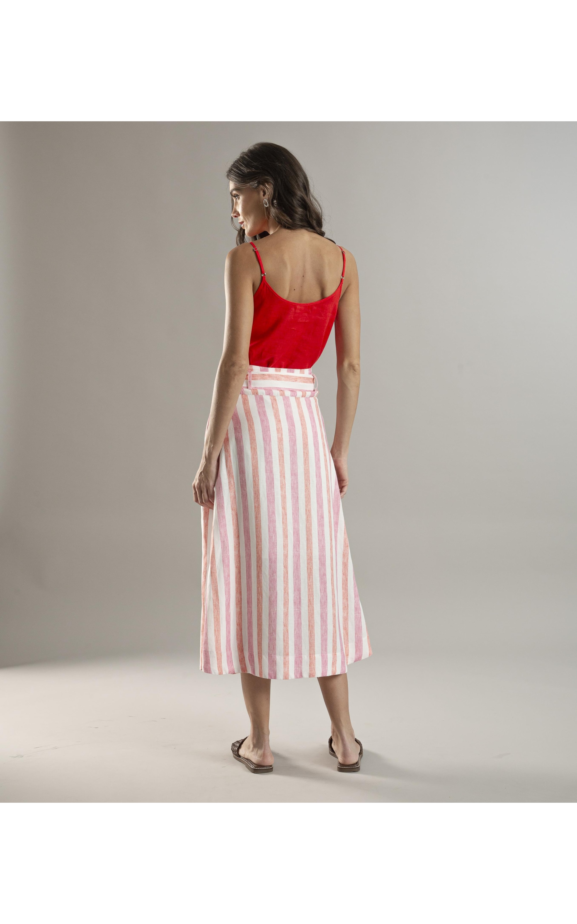 Saia Linho  Ester  Listrada Rosa Gum