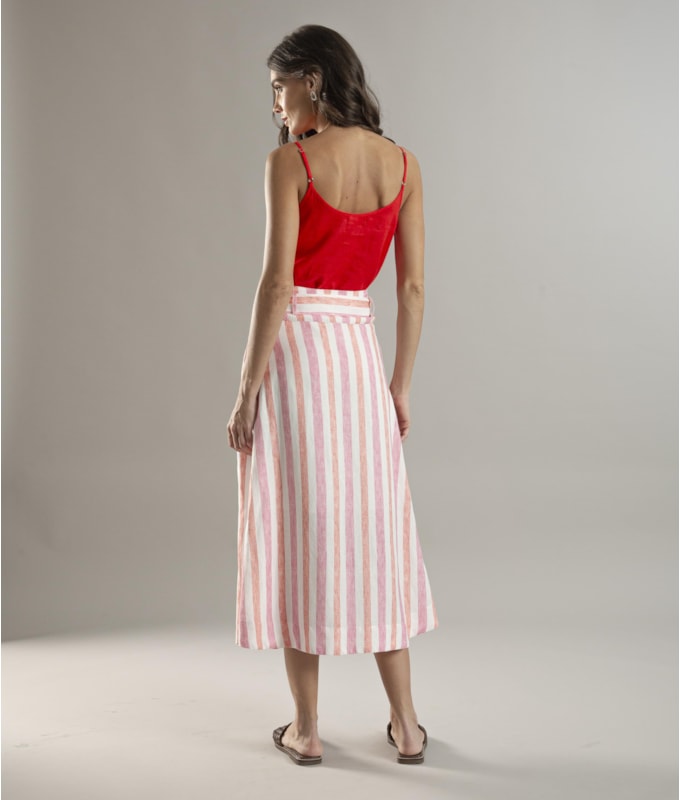 Saia Linho  Ester  Listrada Rosa Gum