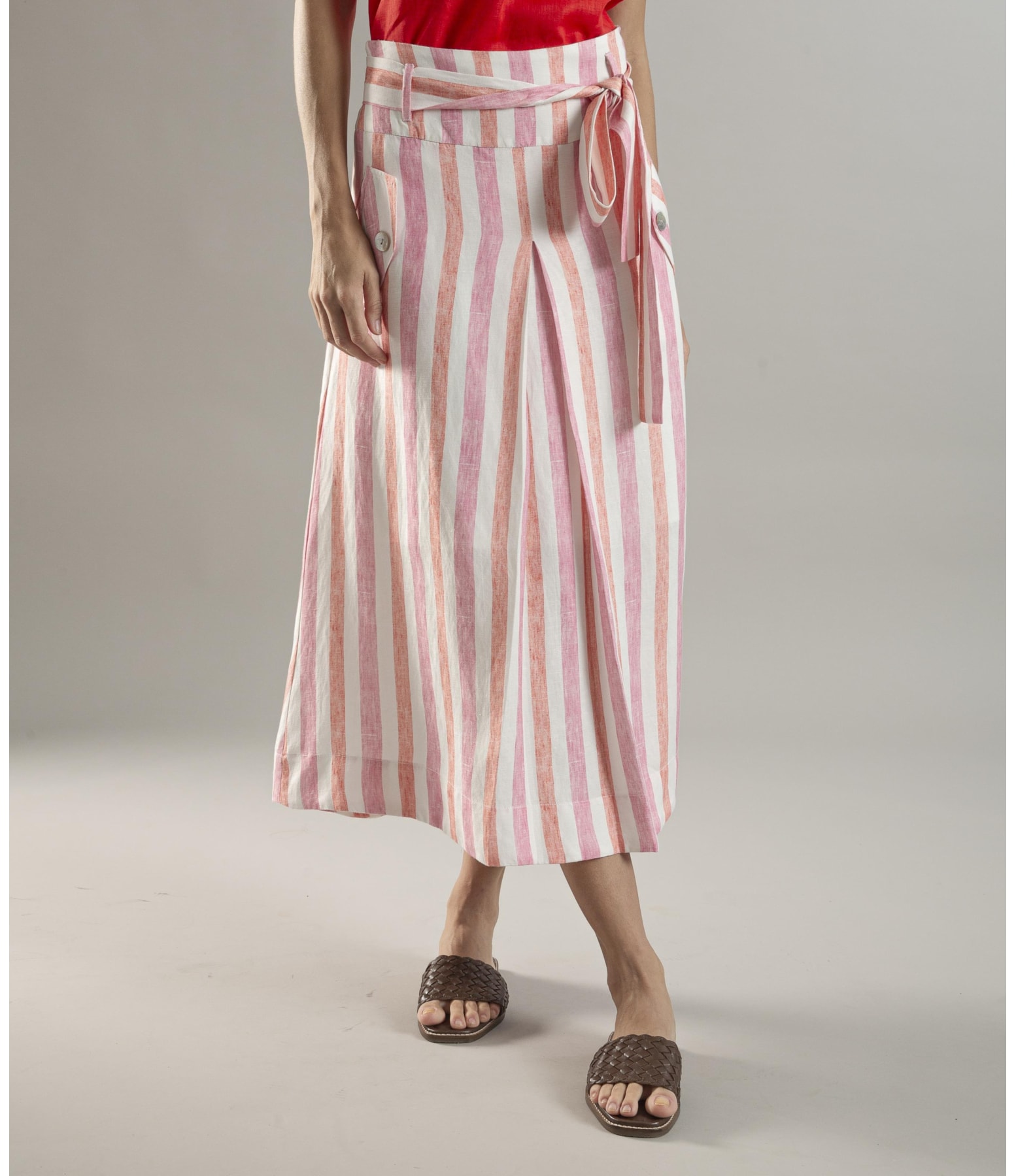 Saia Linho  Ester  Listrada Rosa Gum