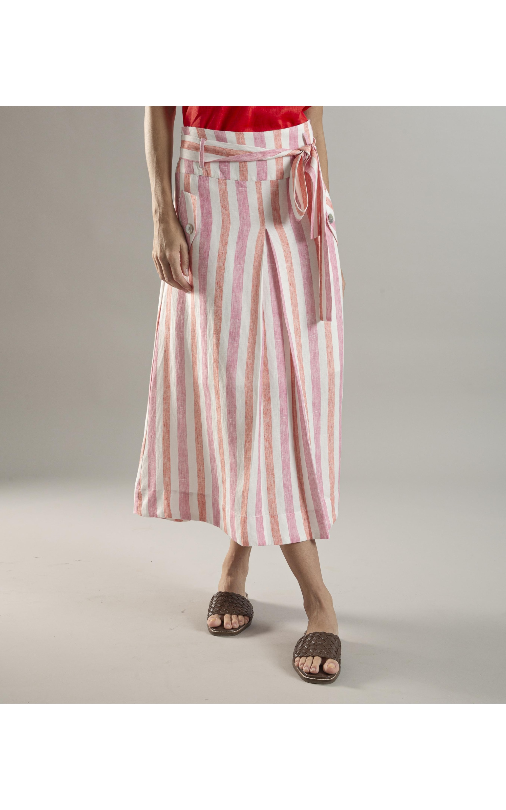 Saia Linho  Ester  Listrada Rosa Gum