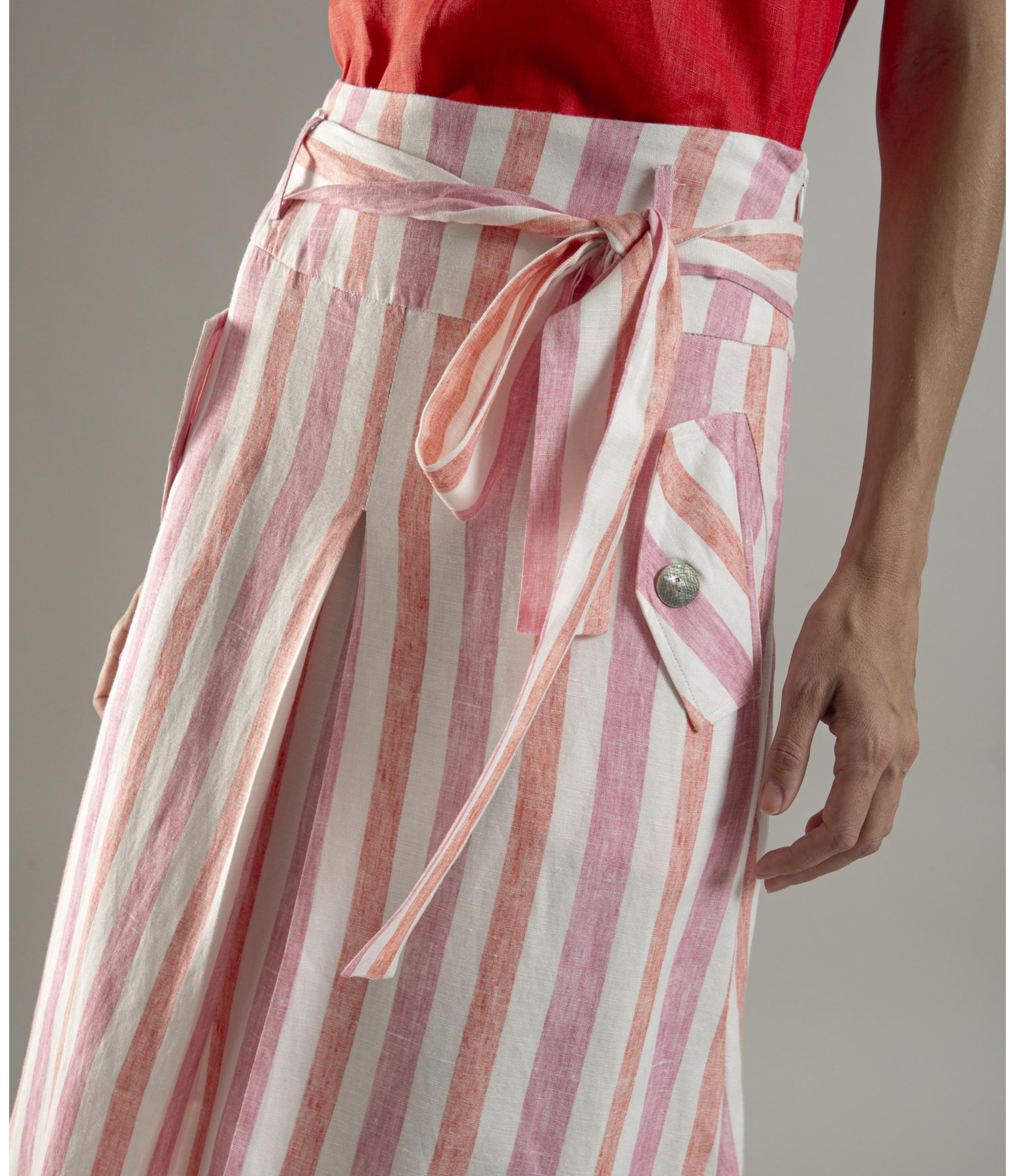 Saia Linho  Ester  Listrada Rosa Gum