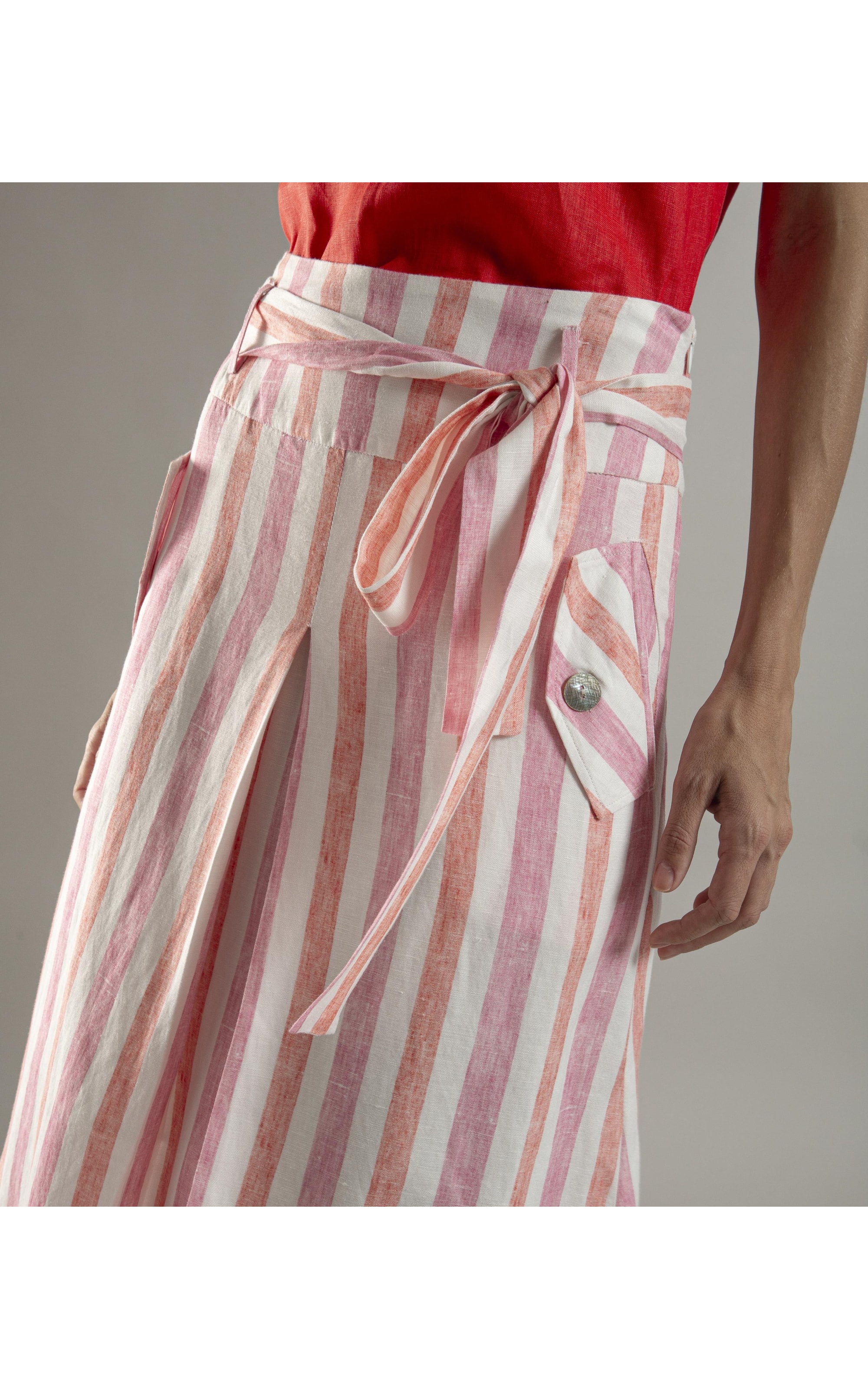 Saia Linho  Ester  Listrada Rosa Gum