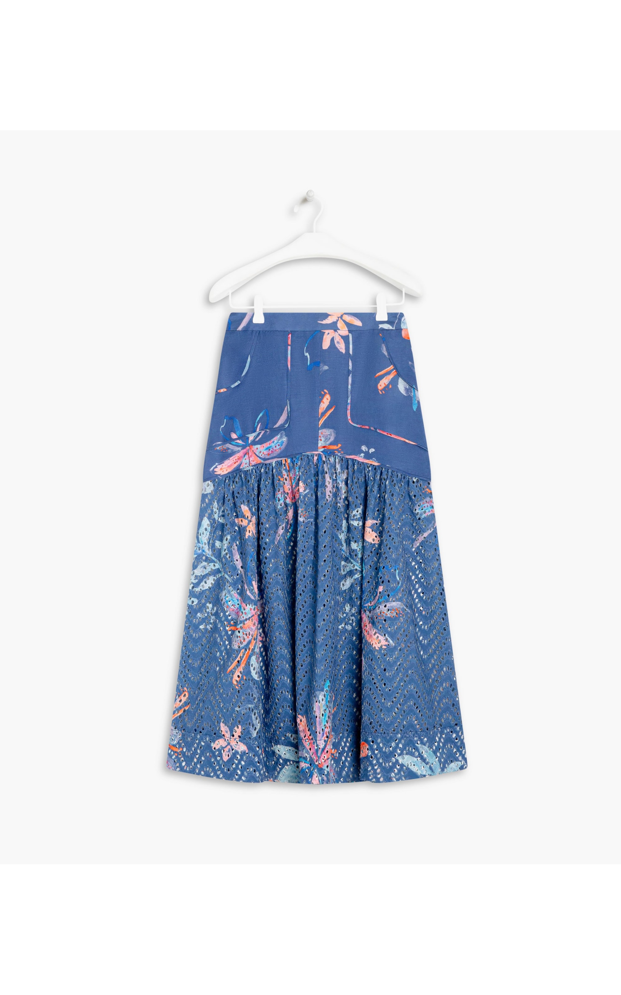 Saia Linho  Mone  Estampa Soft Flower Azul Jeans