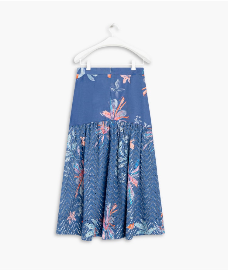 Saia Linho  Mone  Estampa Soft Flower Azul Jeans