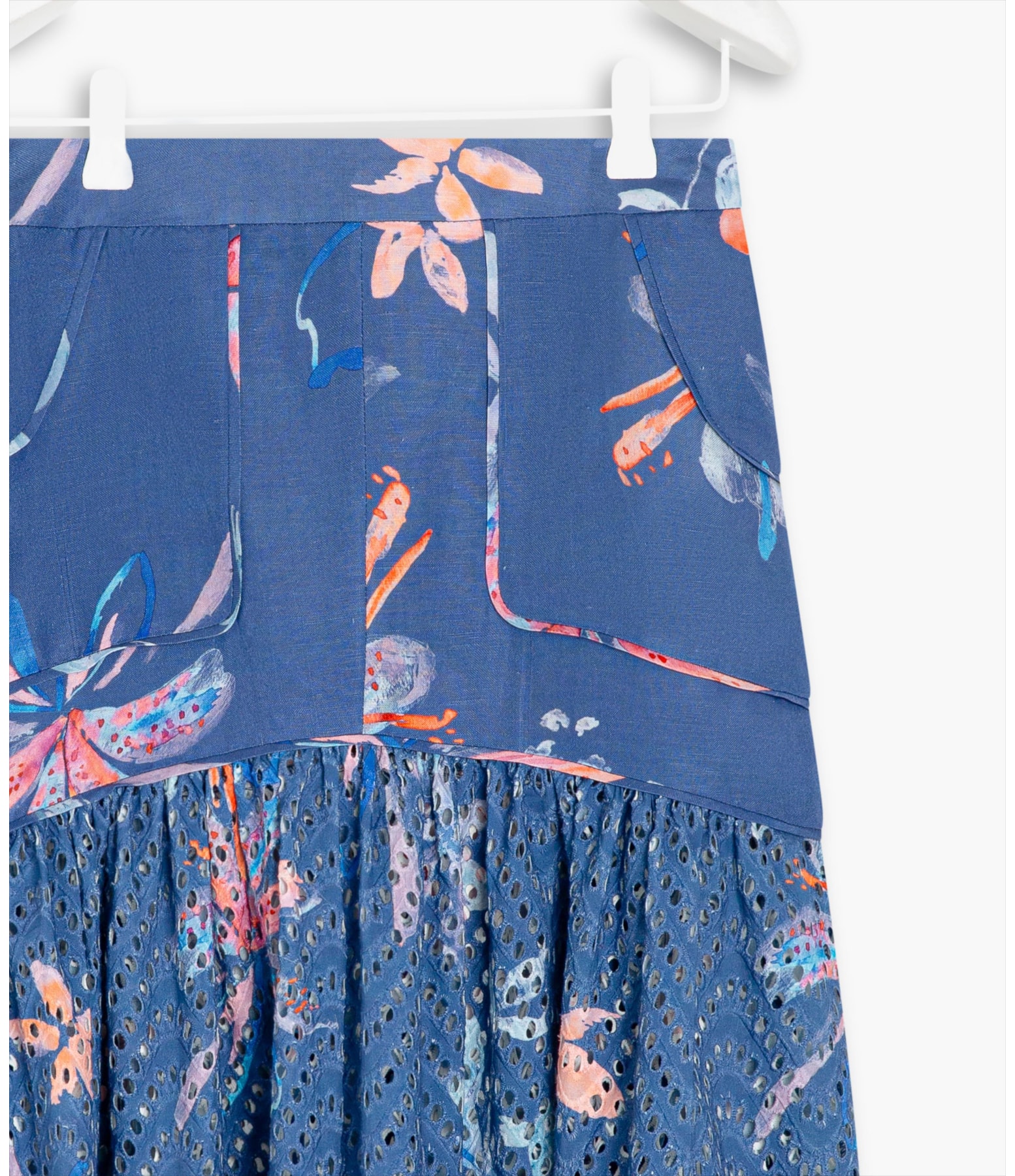 Saia Linho  Mone  Estampa Soft Flower Azul Jeans