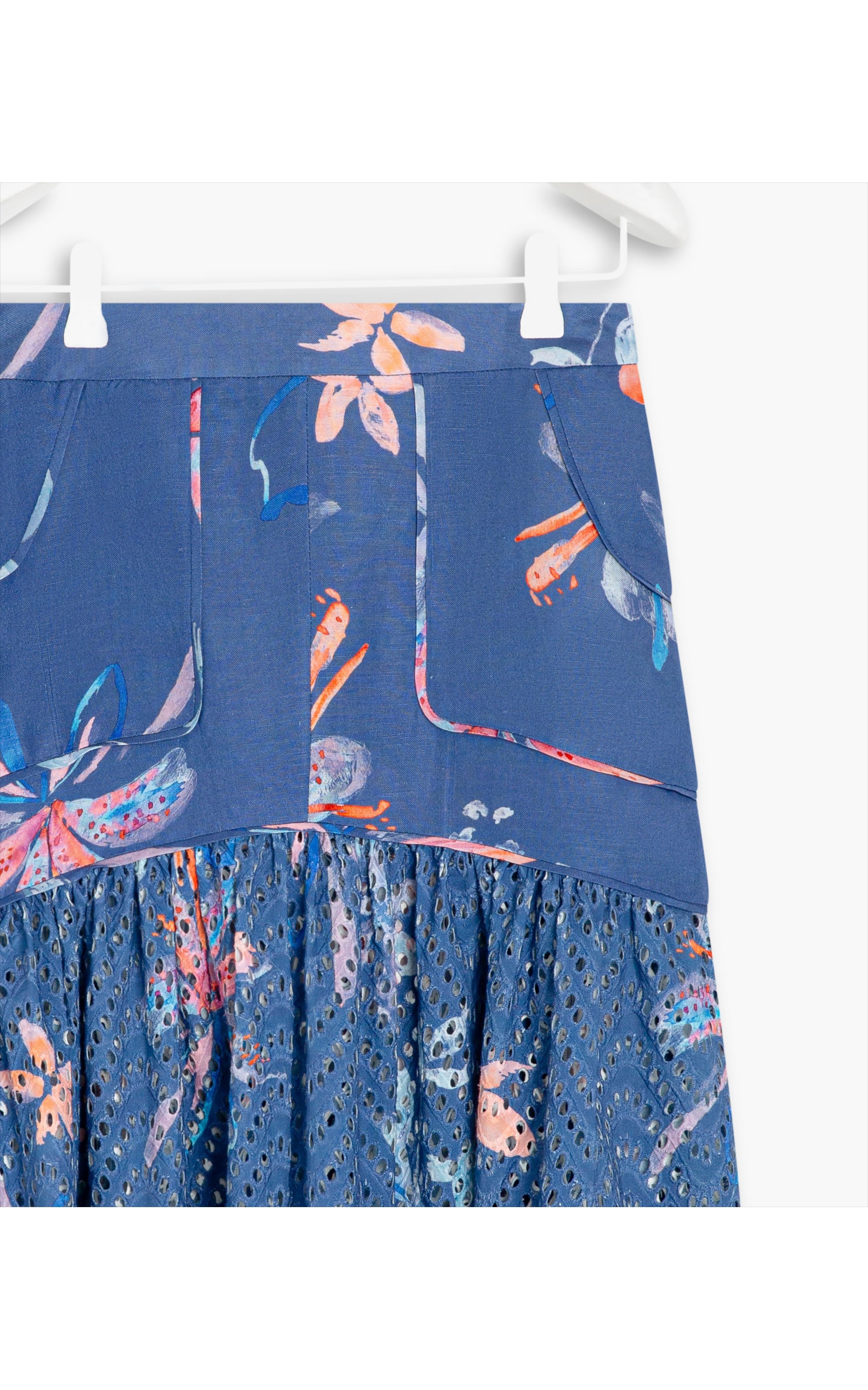 Saia Linho  Mone  Estampa Soft Flower Azul Jeans