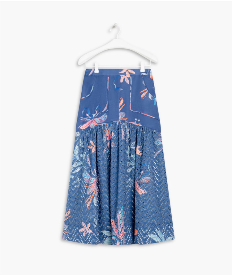 Saia Linho  Mone  Estampa Soft Flower Azul Jeans