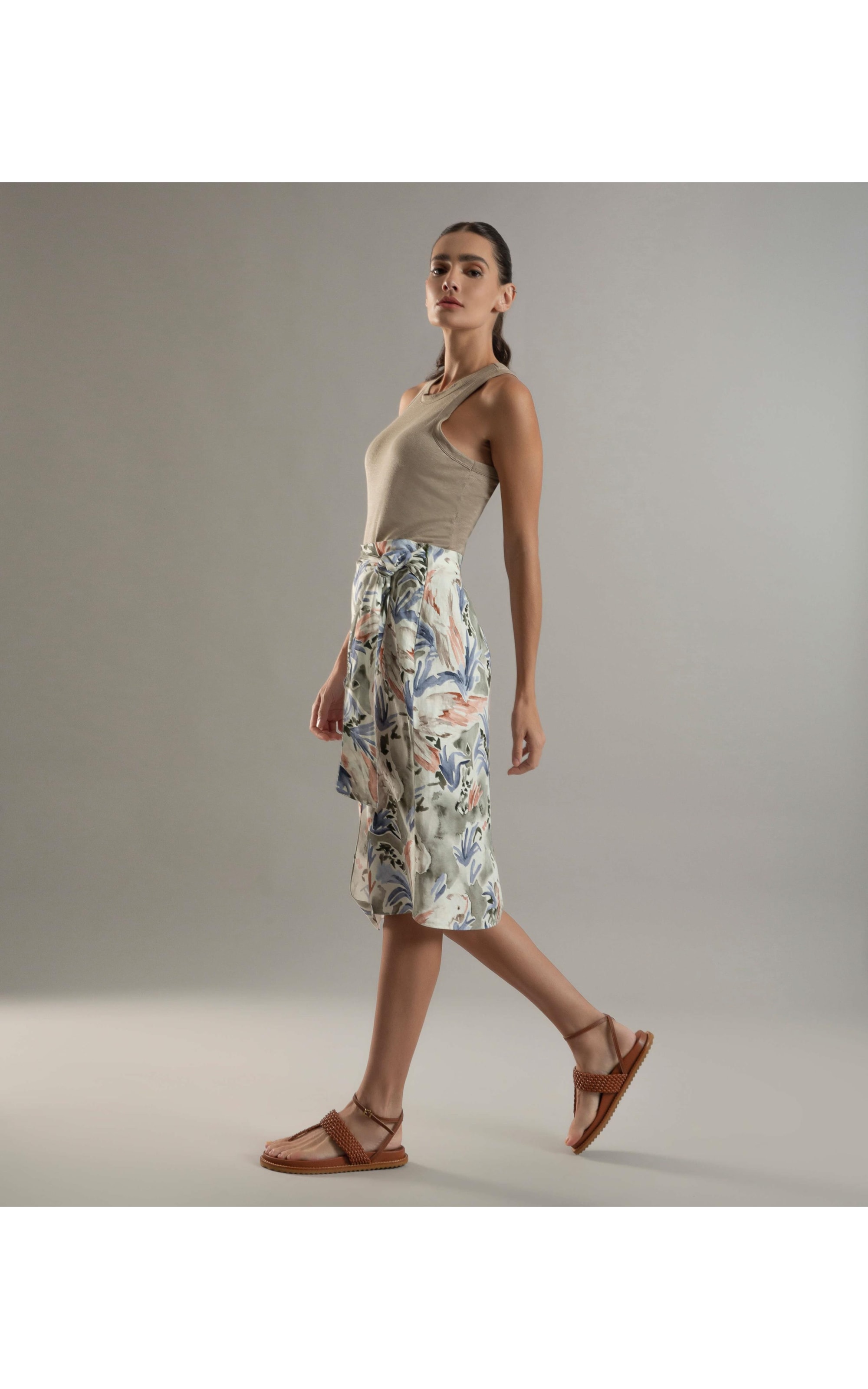 Saia Linho  Soupe  Estampa Araras Verde Army