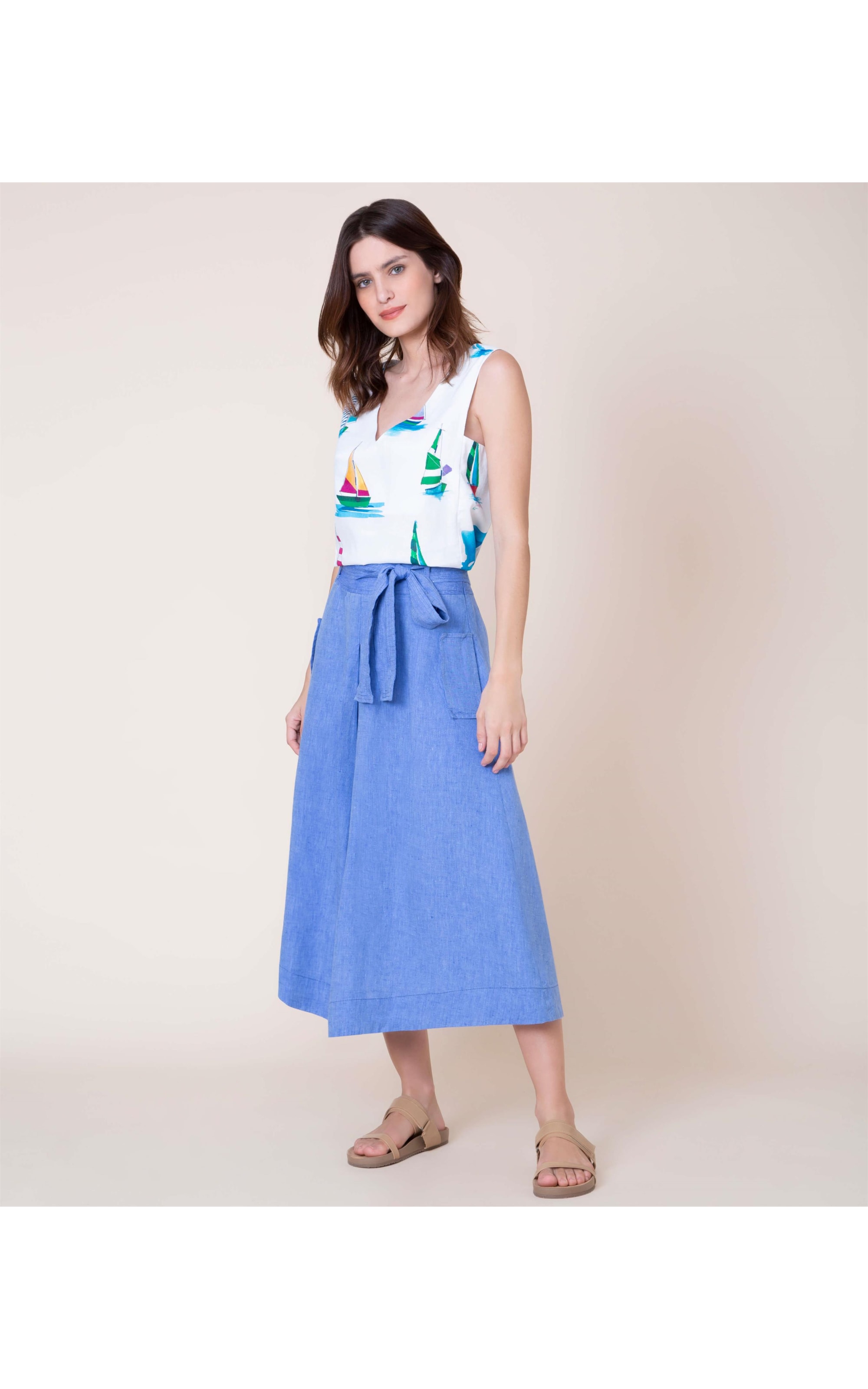 Saia  Puro Linho Ester Cross Dye Azul Pervante
