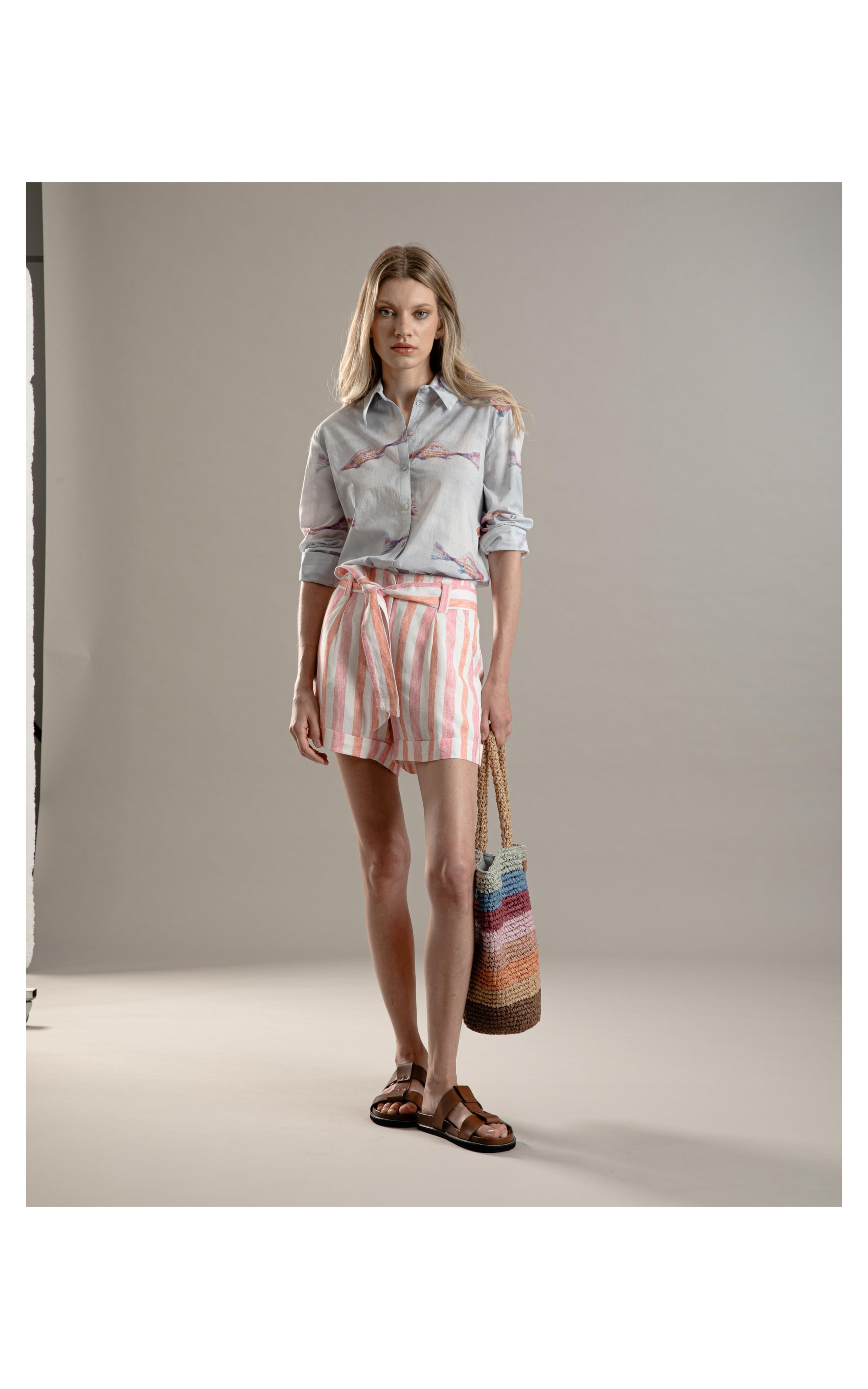 Short Linho  Latuca Stripes Rosa Gum