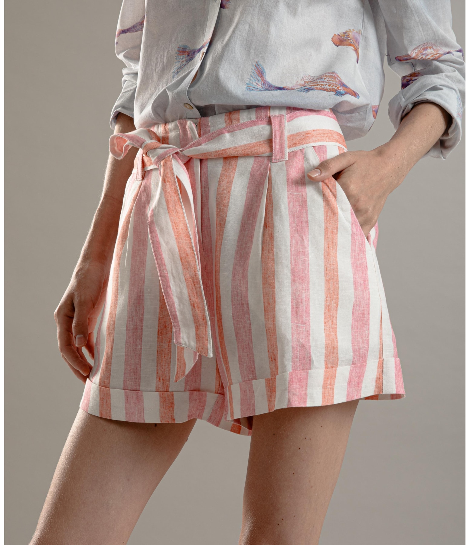 Short Linho  Latuca Stripes Rosa Gum