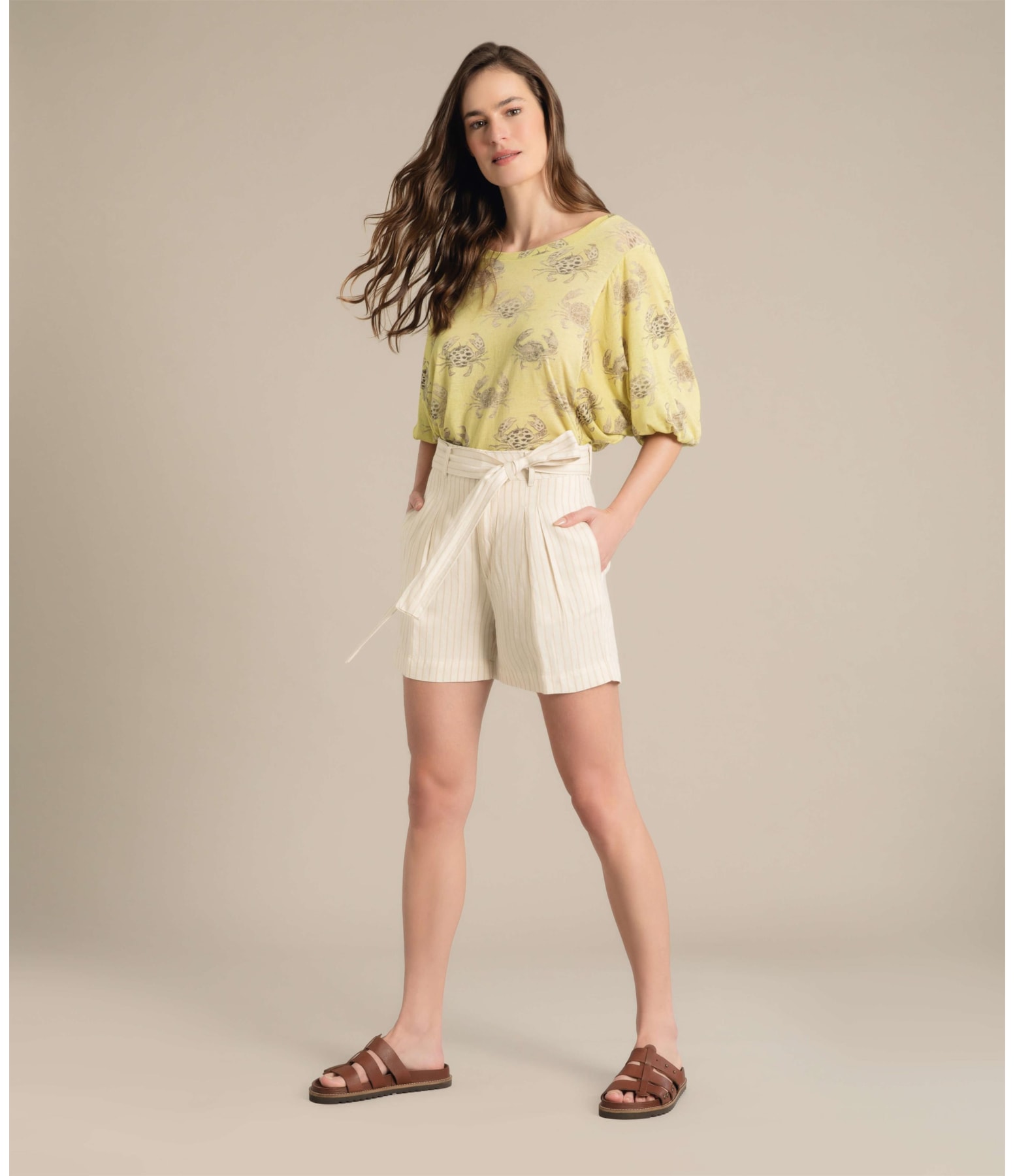 Short Linho  Puebla Stripe Marrom