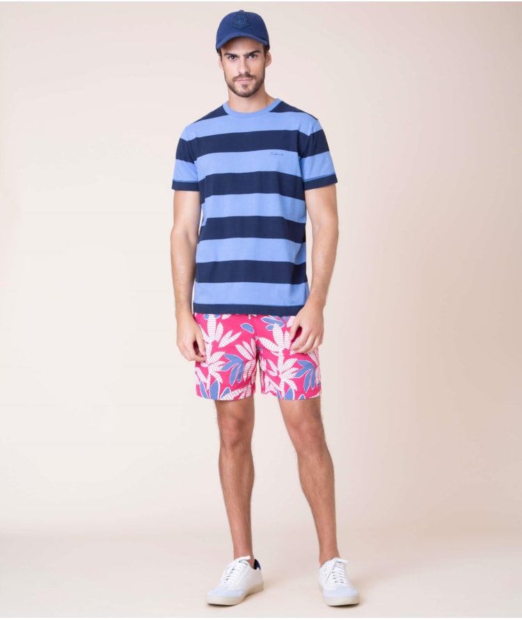 Short Praia Estampa Folha Listras Cereja