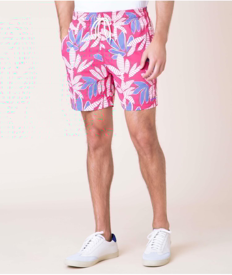 Short Praia Estampa Folha Listras Cereja