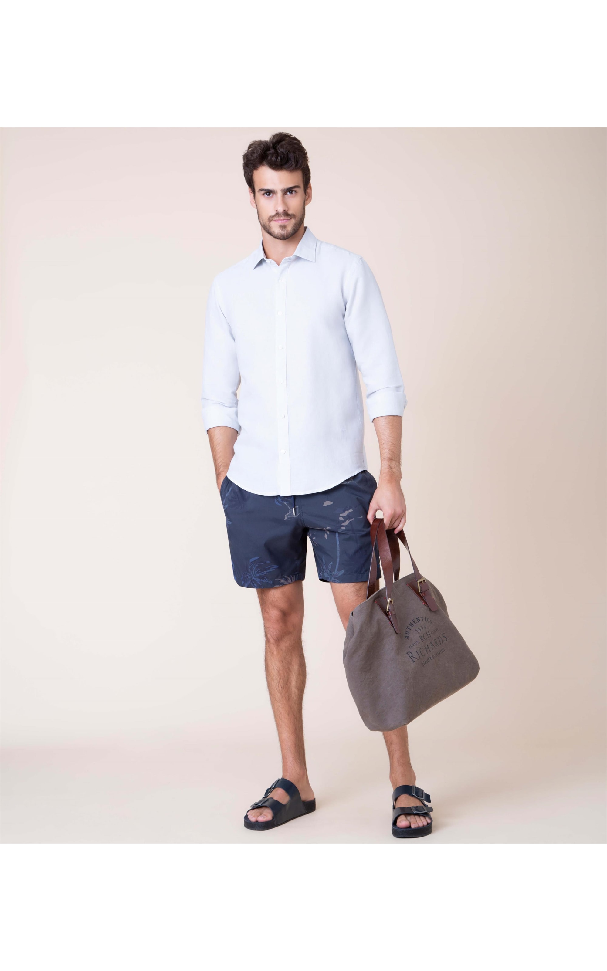 Short Praia Estampa Palmier Chumbo Mescla