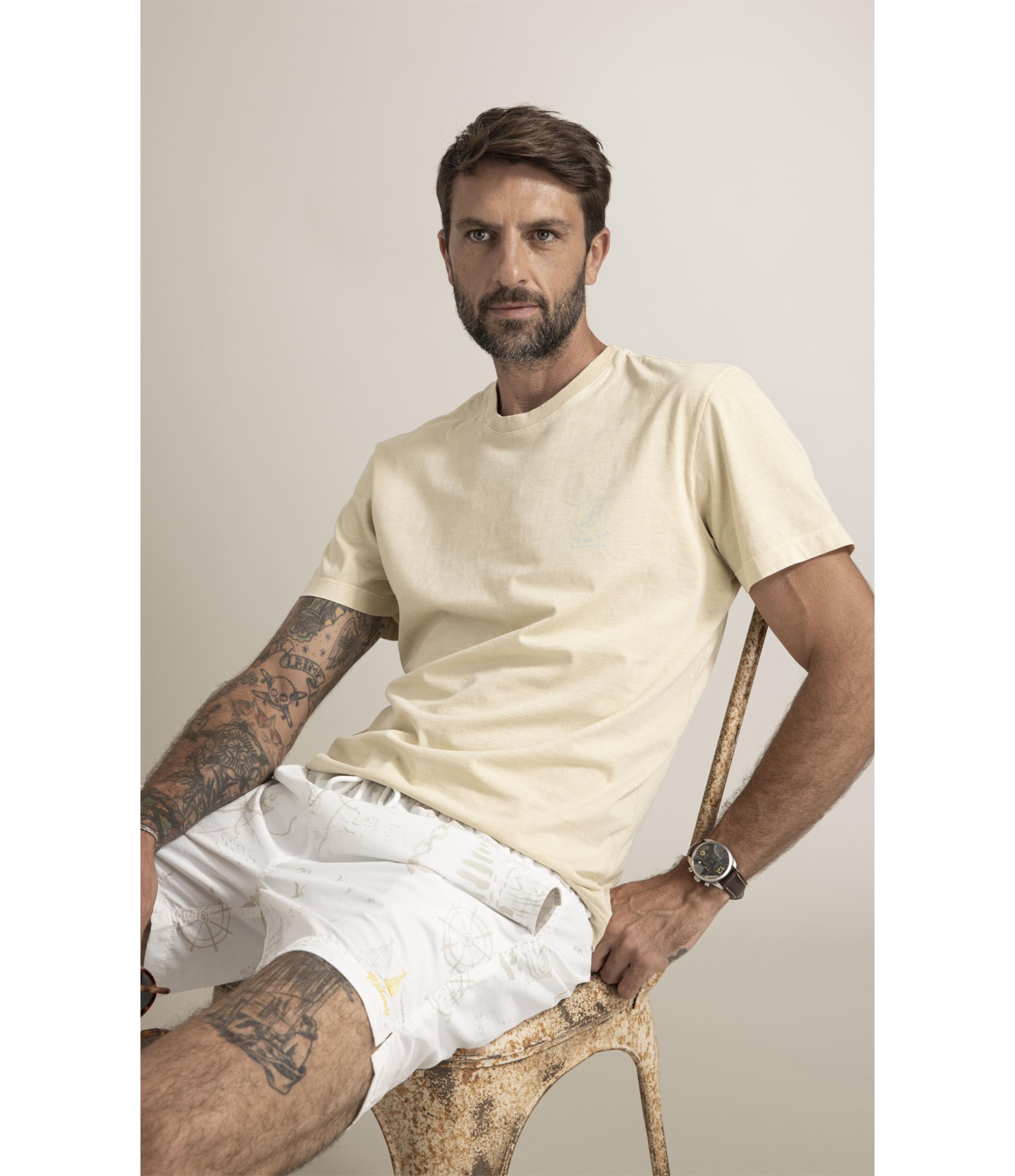 T-Shirt Mm Washed Brasao Nautique Peito Amarelo