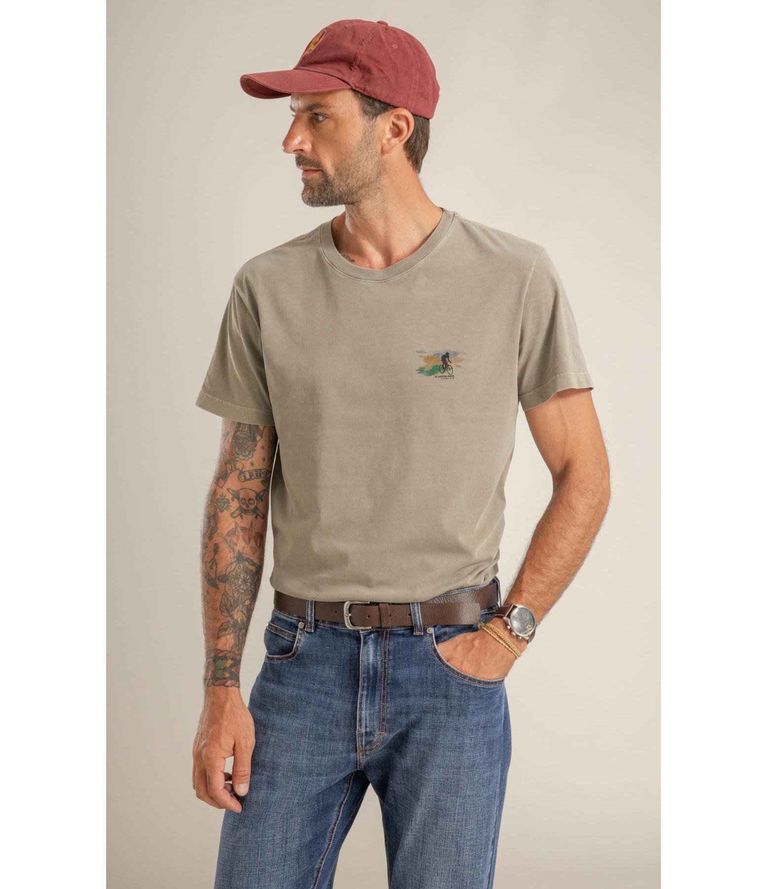 T-Shirt Mm Washed Mountain Bike Peito Castor