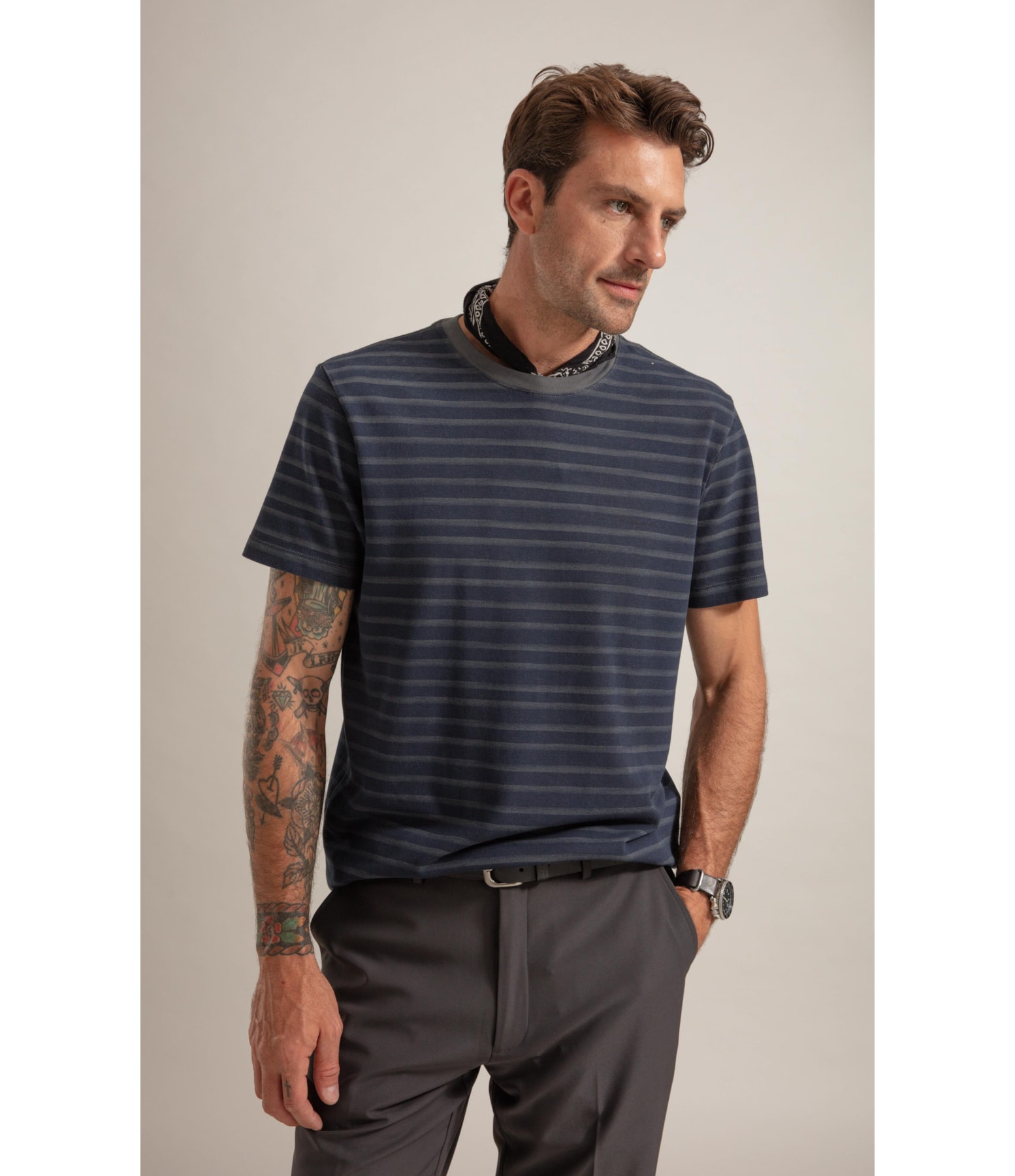 T-Shirt Piquet Gd Listra Estreita Mc Cinza Medio