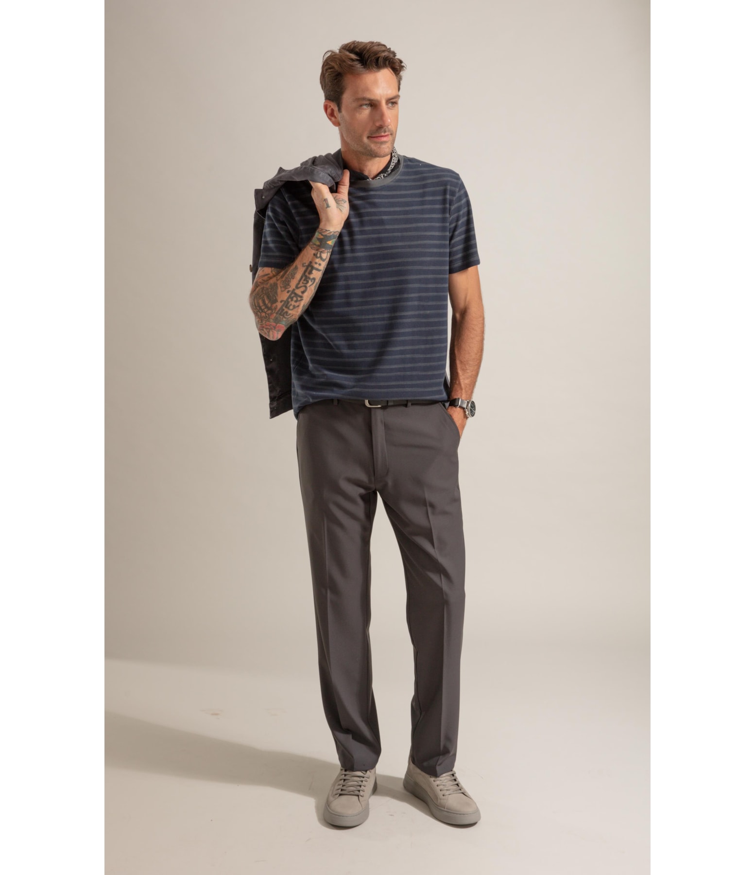 T-Shirt Piquet Gd Listra Estreita Mc Cinza Medio