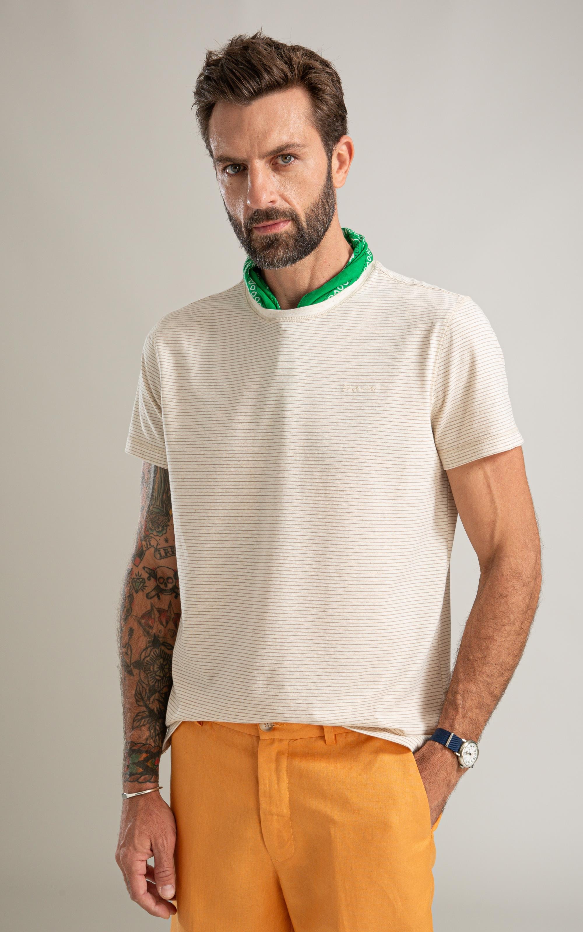 T-Shirt Piquet Linen Listrado Bf Caqui