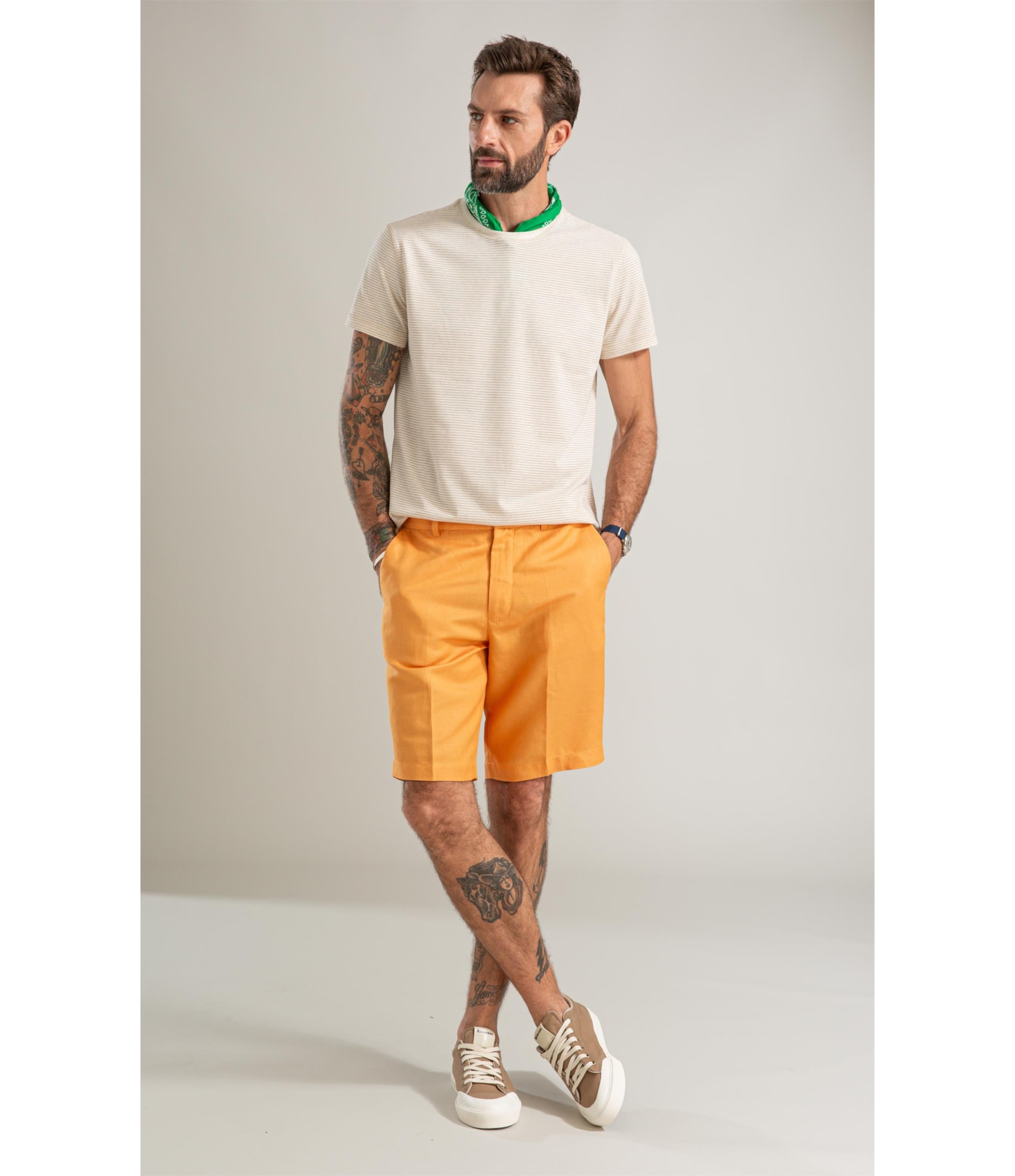 T-Shirt Piquet Linen Listrado Bf Caqui