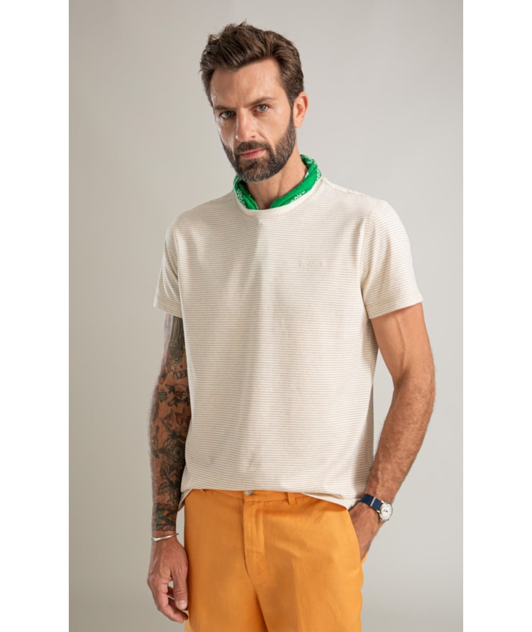 T-Shirt Piquet Linen Listrado Bf Caqui