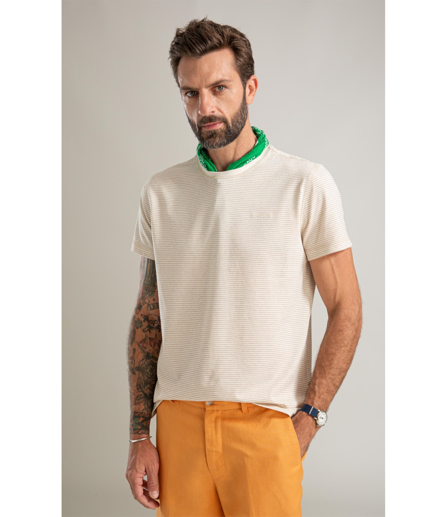 T-Shirt Piquet Linen Listrado Bf Caqui