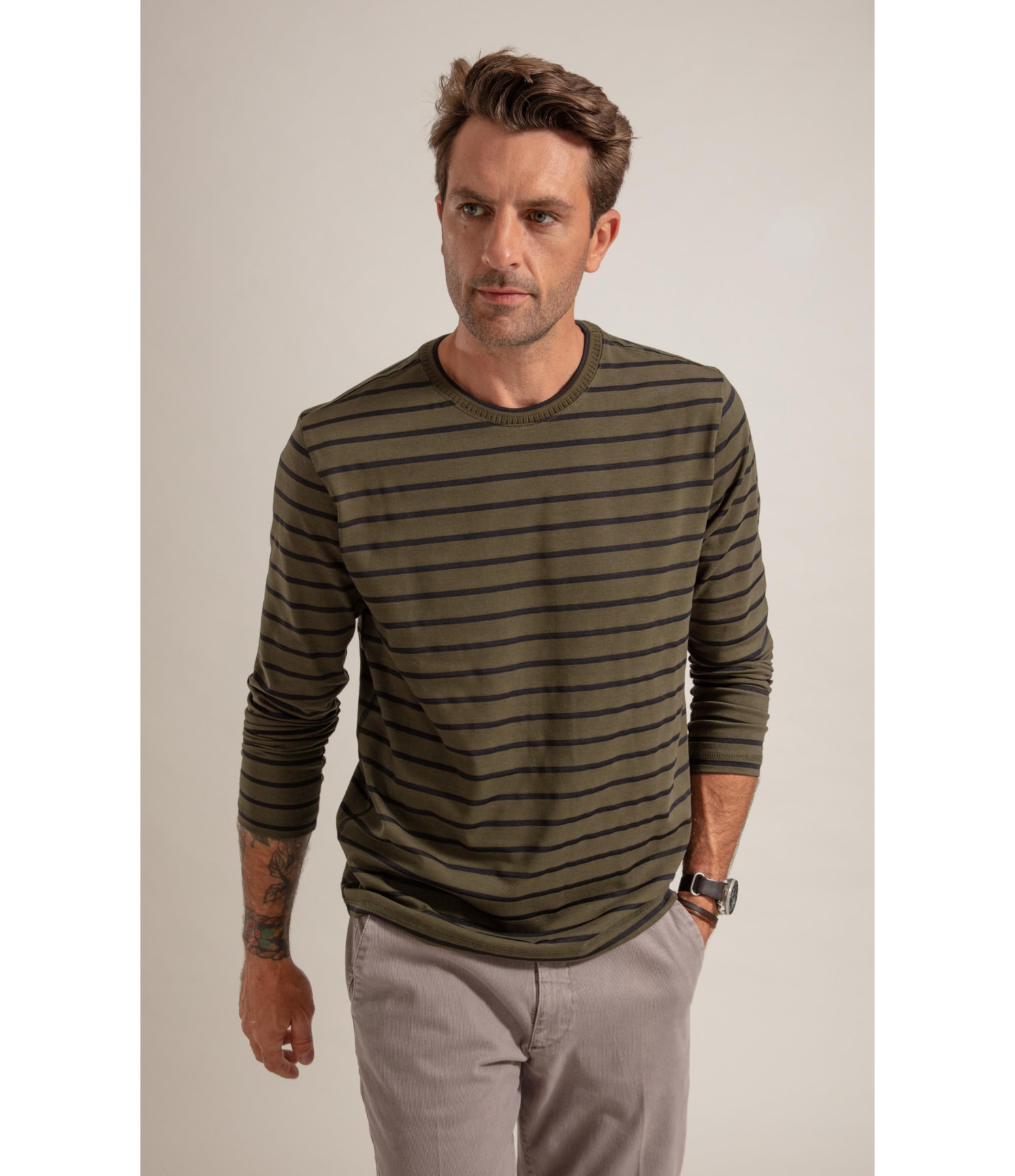 T-Shirt Rugby Listrado Ml Verde Militar