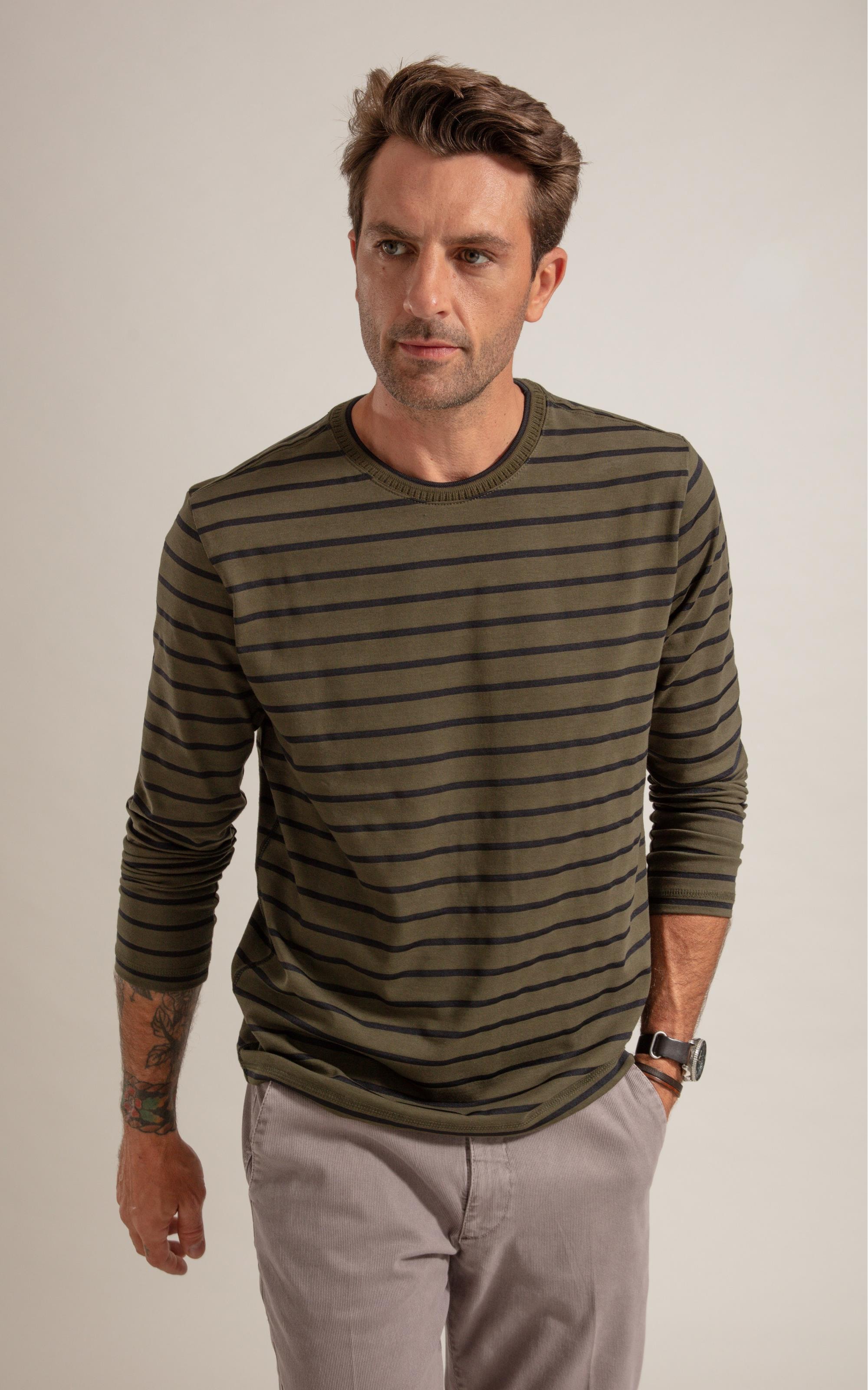 T-Shirt Rugby Listrado Ml Verde Militar