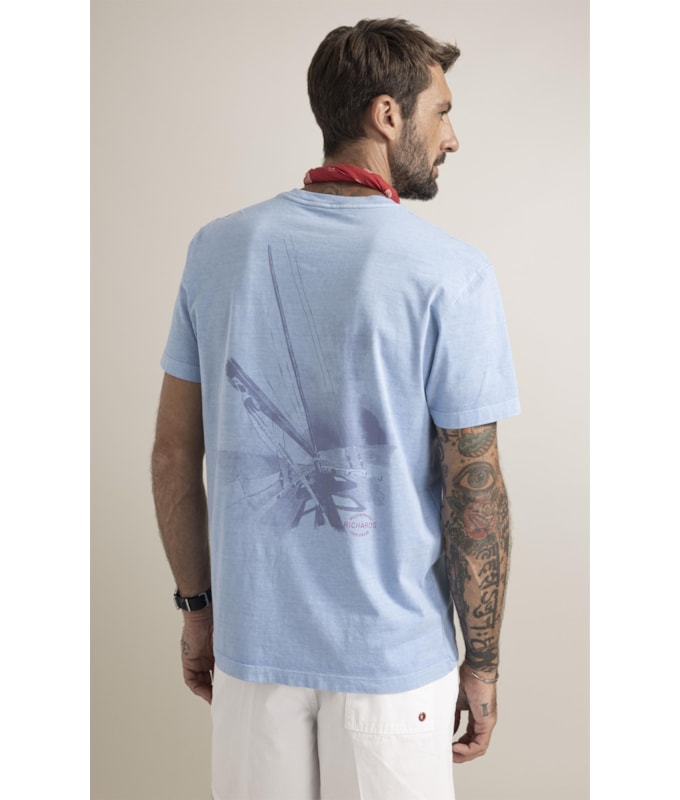 T-Shirt  Washed Aquarela Mono Barco Azul Claro