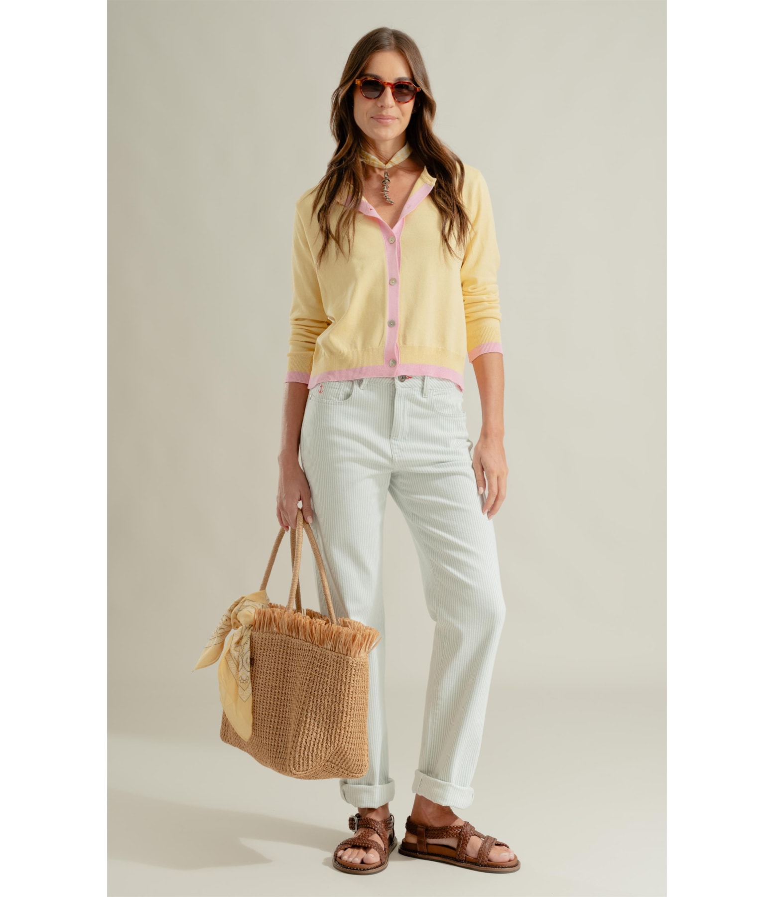 Tricot Cardigan Inès Bicolor Amarelo Claro