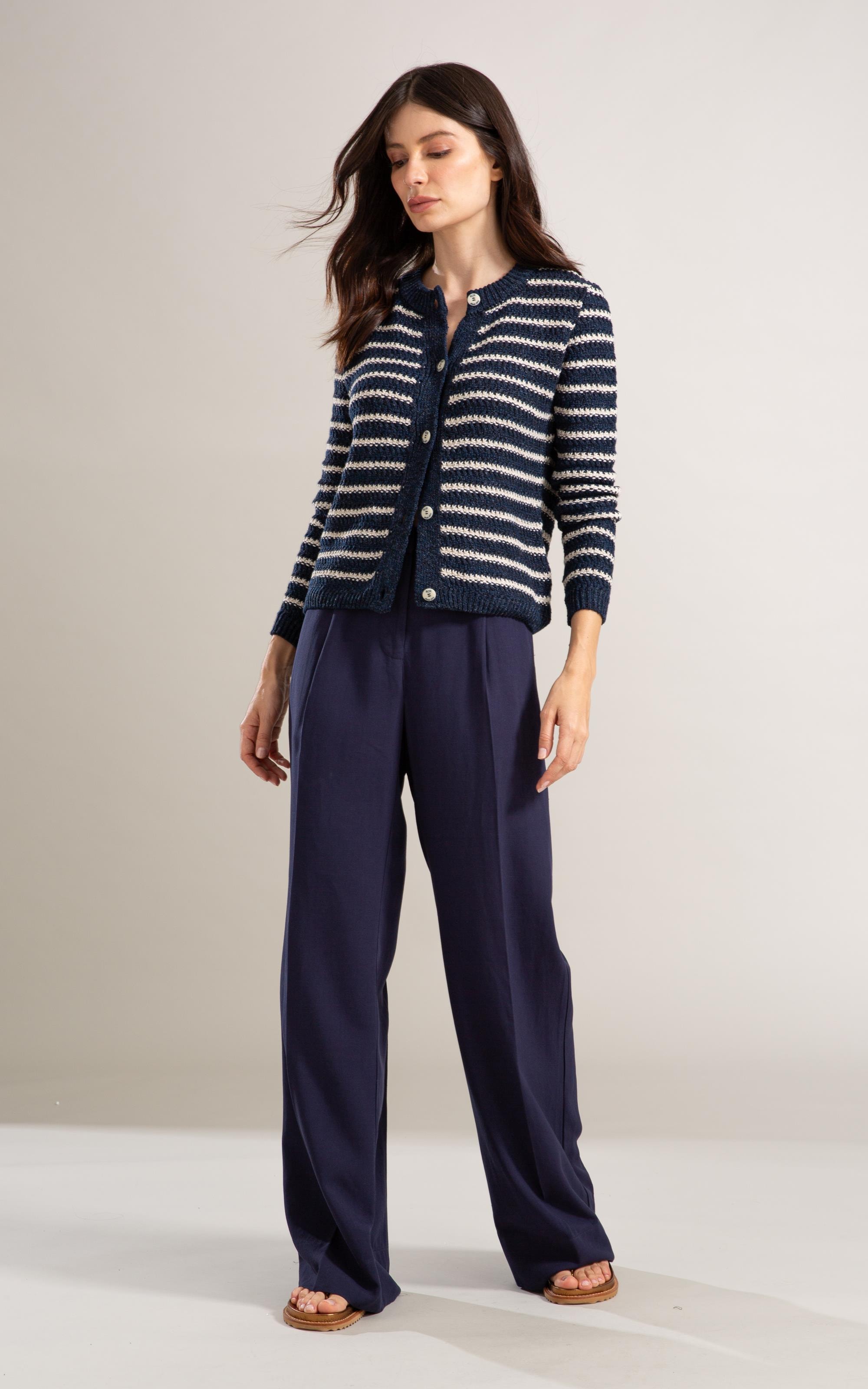 Tricot Cardigan Mira Listrado Marinho