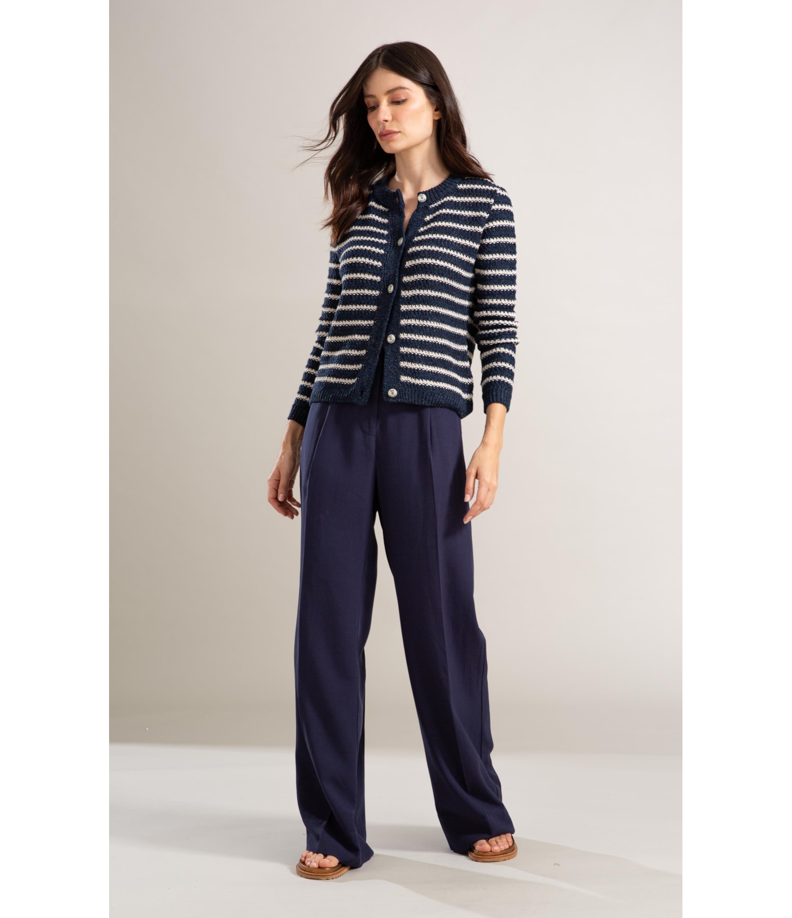 Tricot Cardigan Mira Listrado Marinho