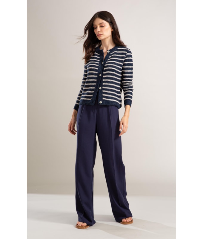 Tricot Cardigan Mira Listrado Marinho
