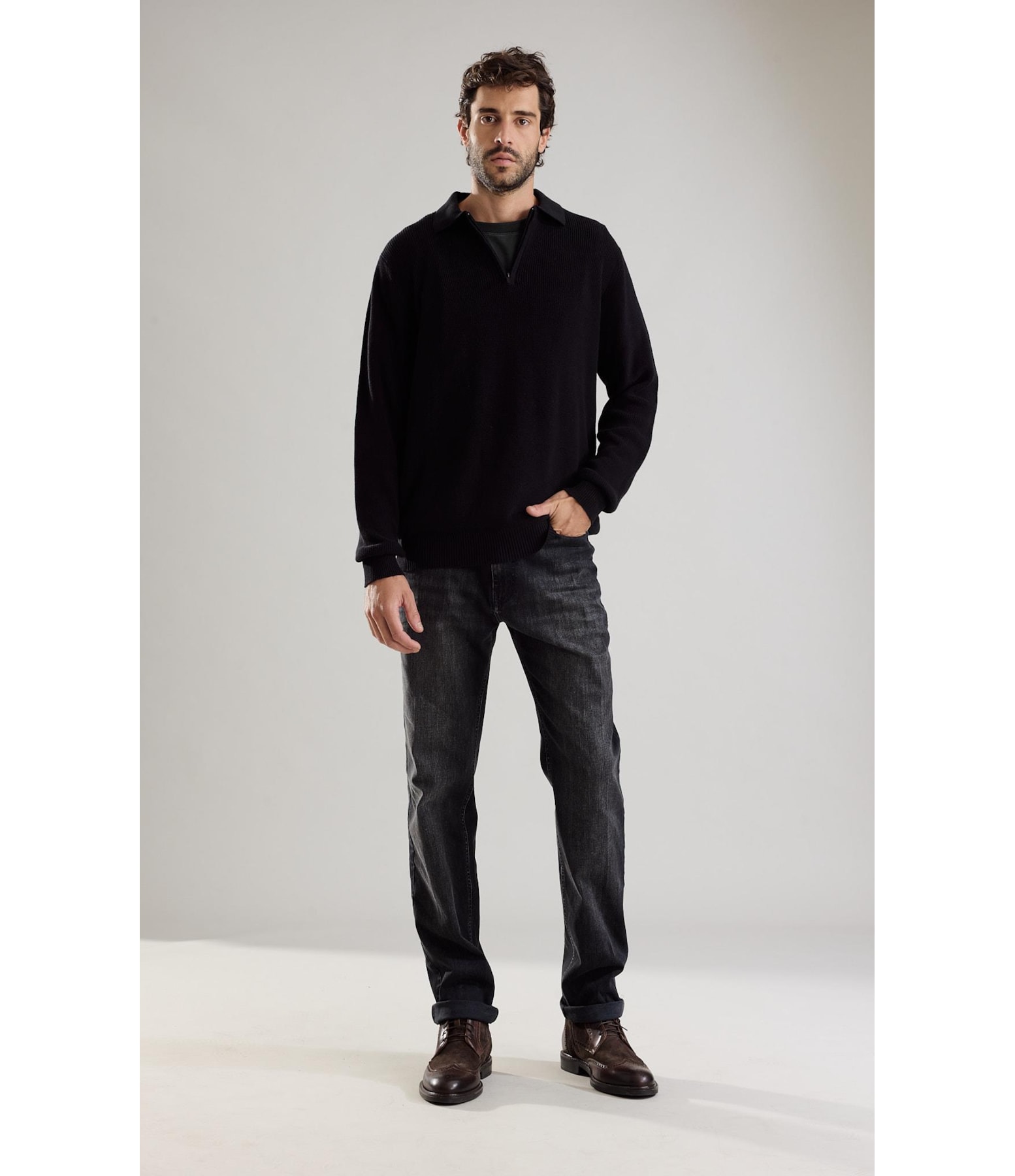 Tricot Edy Cotton Zipper Polo Preto