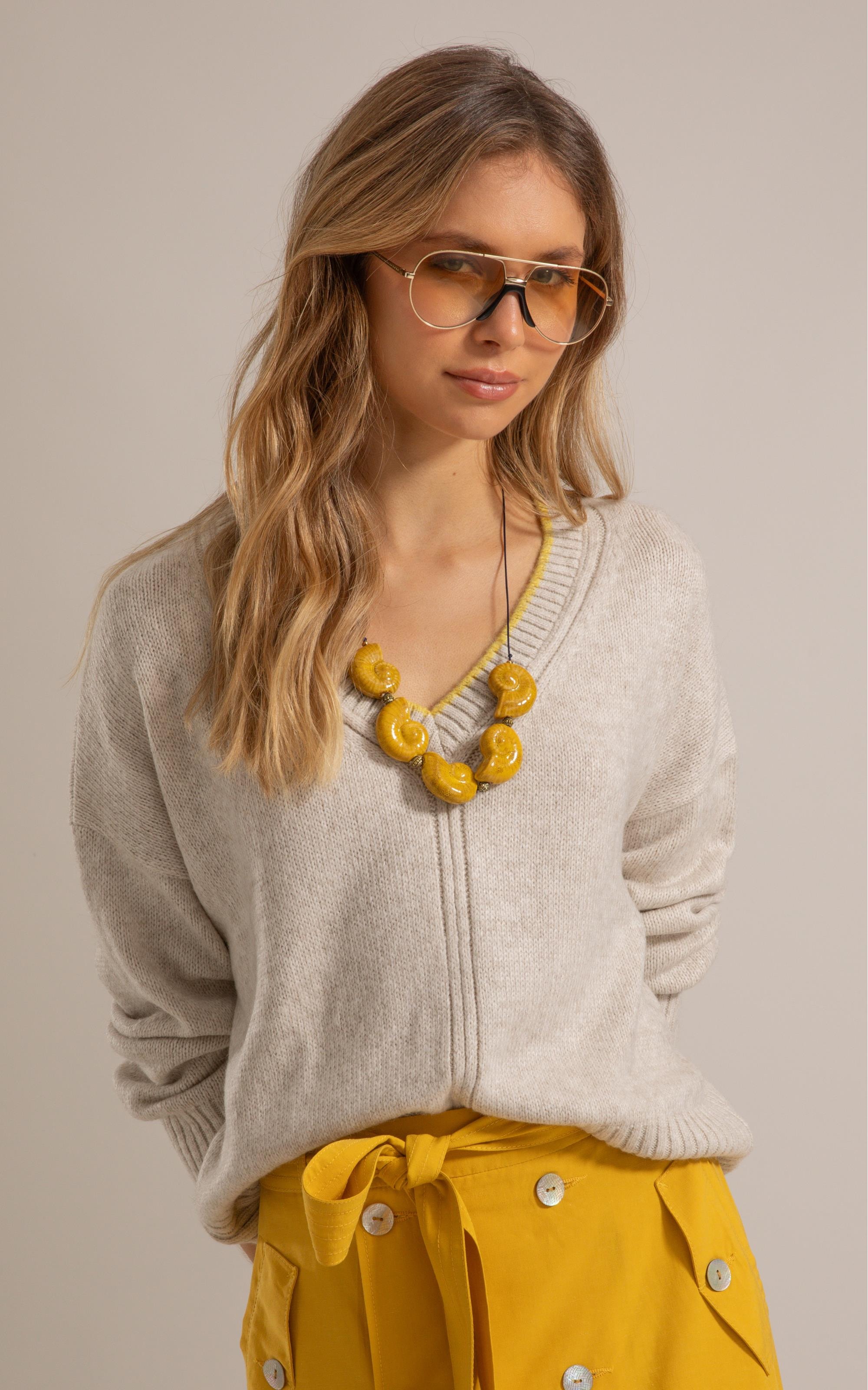 Tricot Grazi Decote v Bicolor Natural
