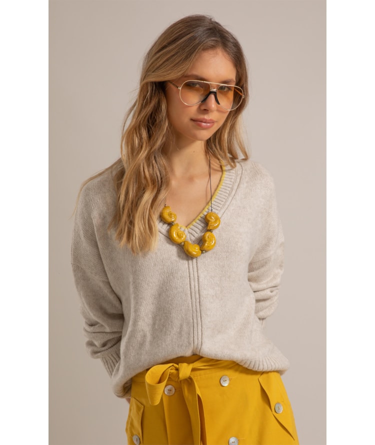 Tricot Grazi Decote v Bicolor Natural