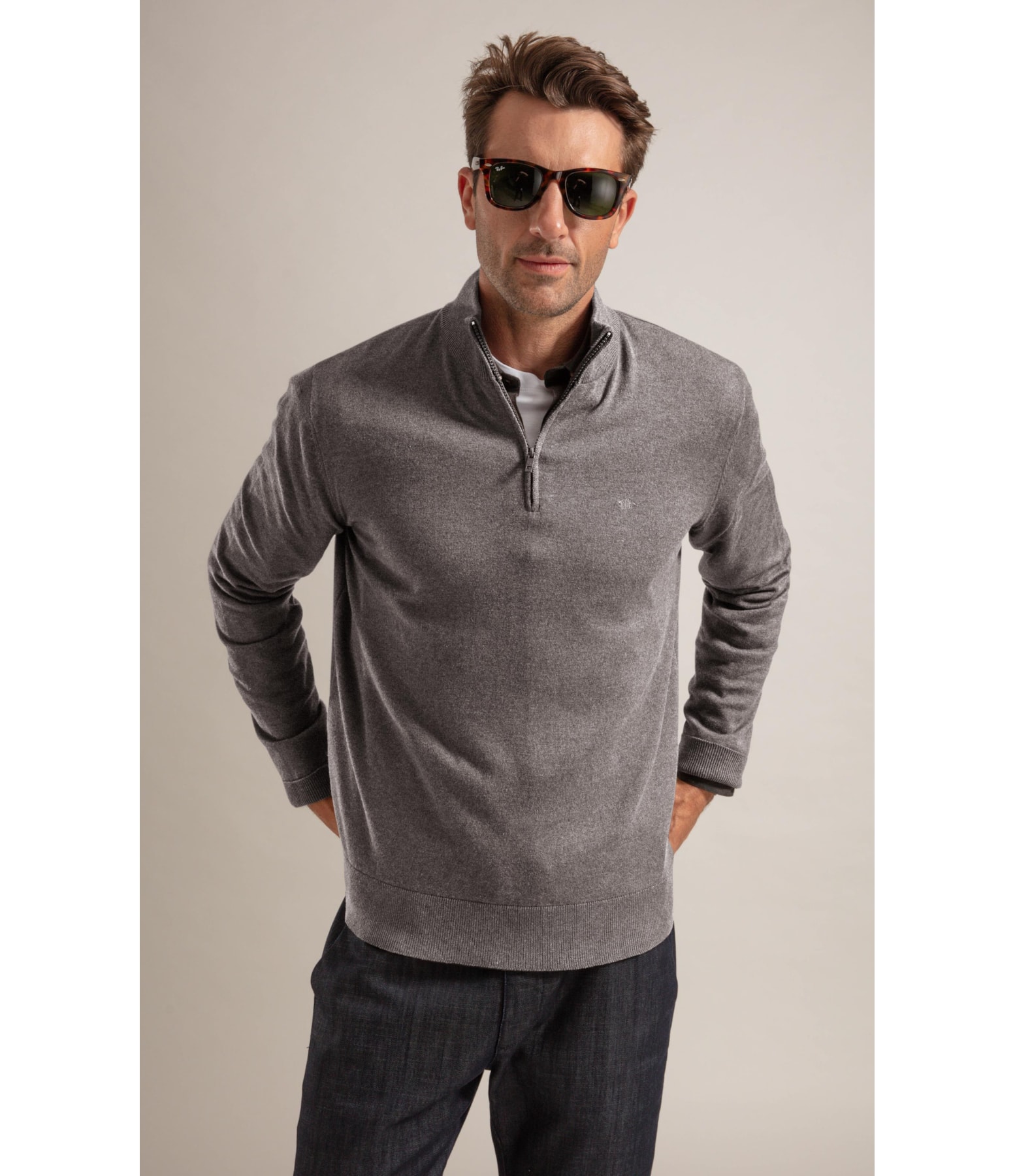 Tricot Kevin Zíper Cotton Cashmere Cinza Mescla