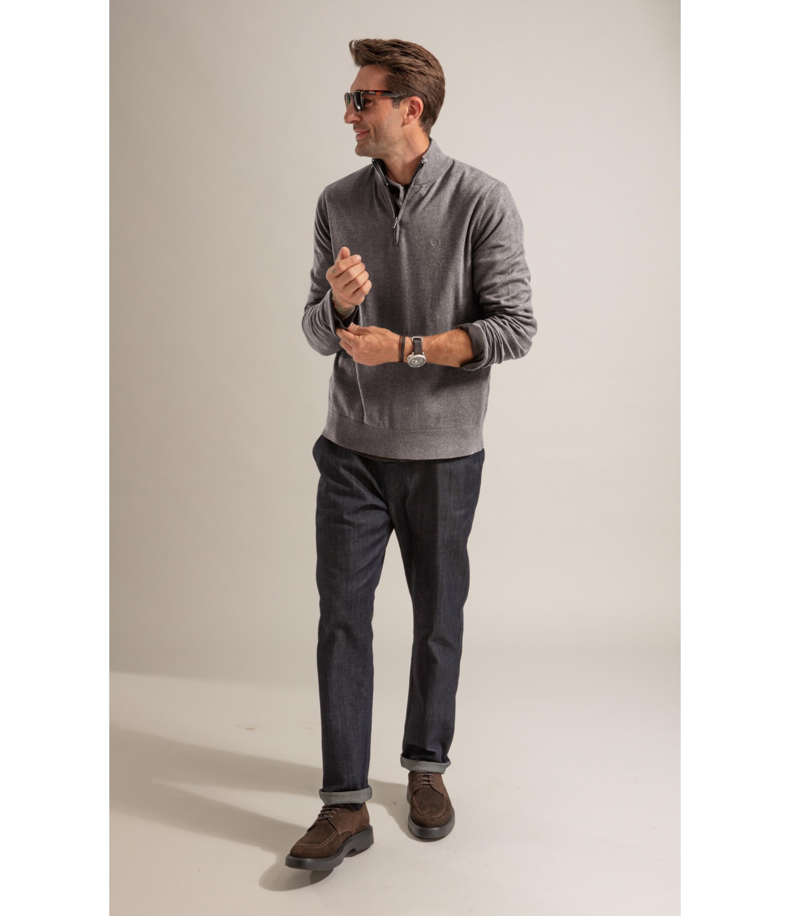 Tricot Kevin Zíper Cotton Cashmere Cinza Mescla