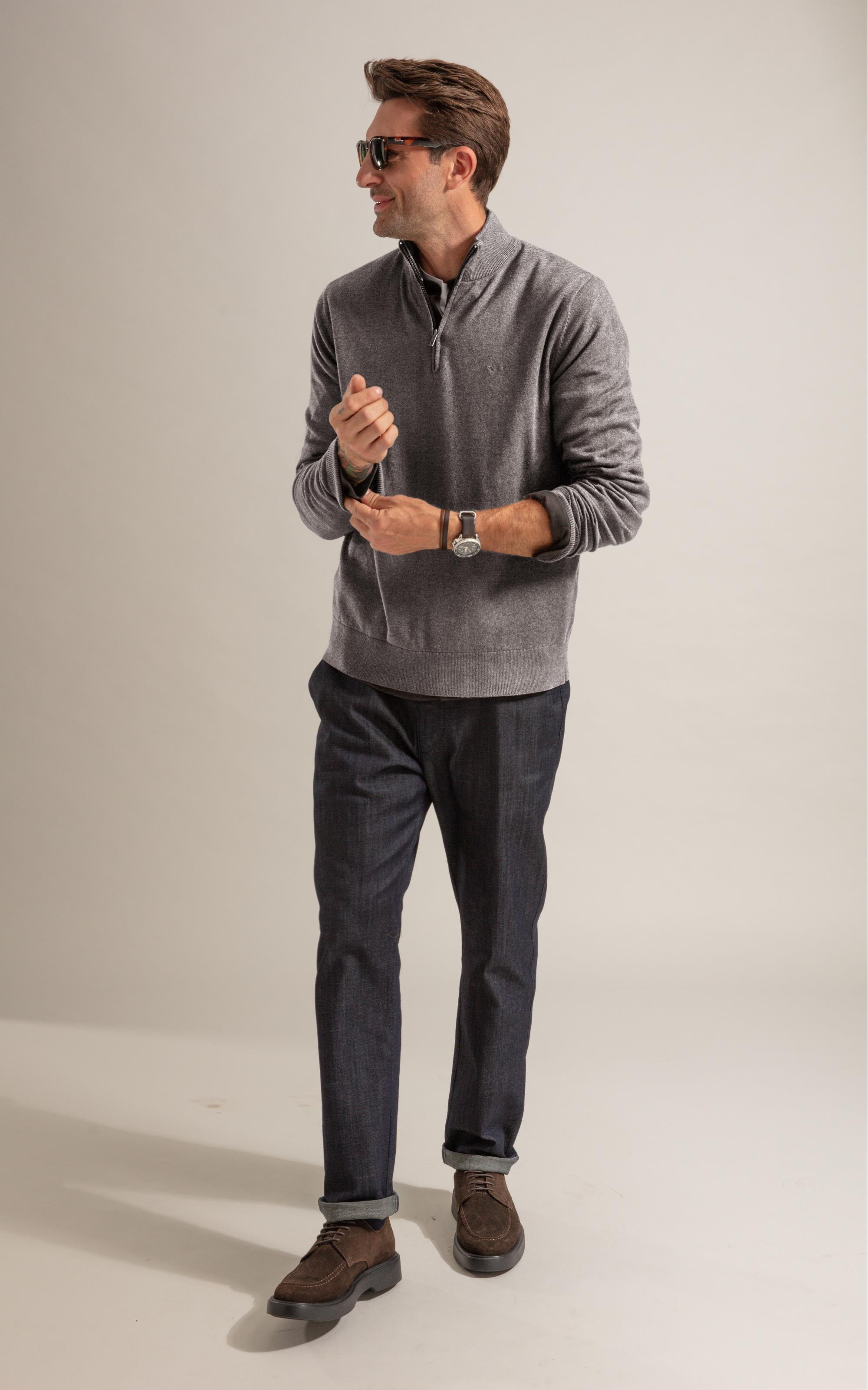 Tricot Kevin Zíper Cotton Cashmere Cinza Mescla