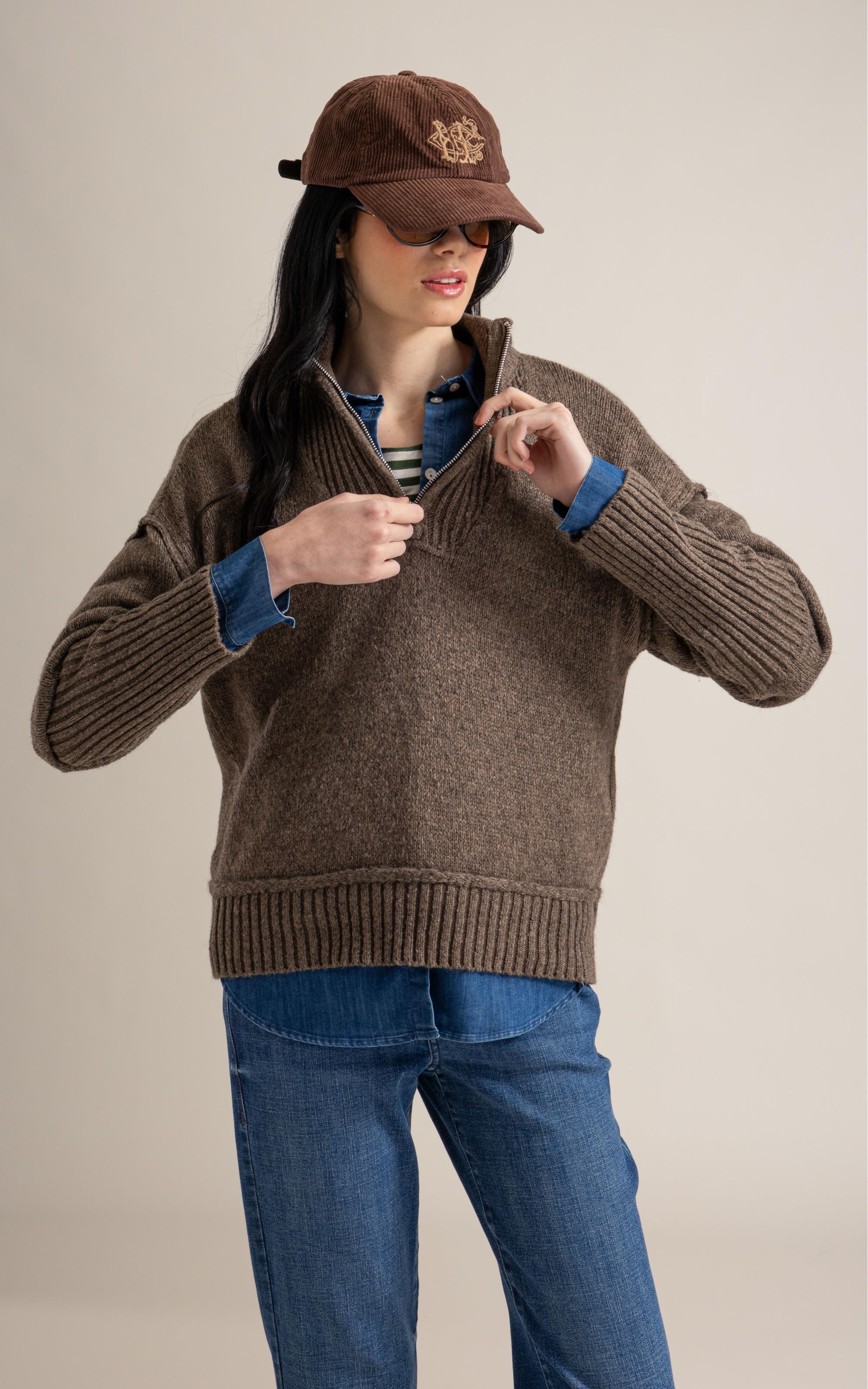 Tricot Myra Zíper Gola Alta Marrom