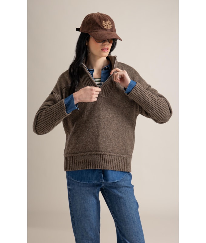 Tricot Myra Zíper Gola Alta Marrom