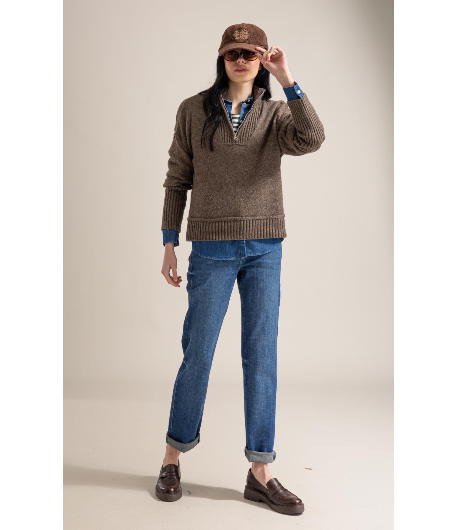 Tricot Myra Zíper Gola Alta Marrom
