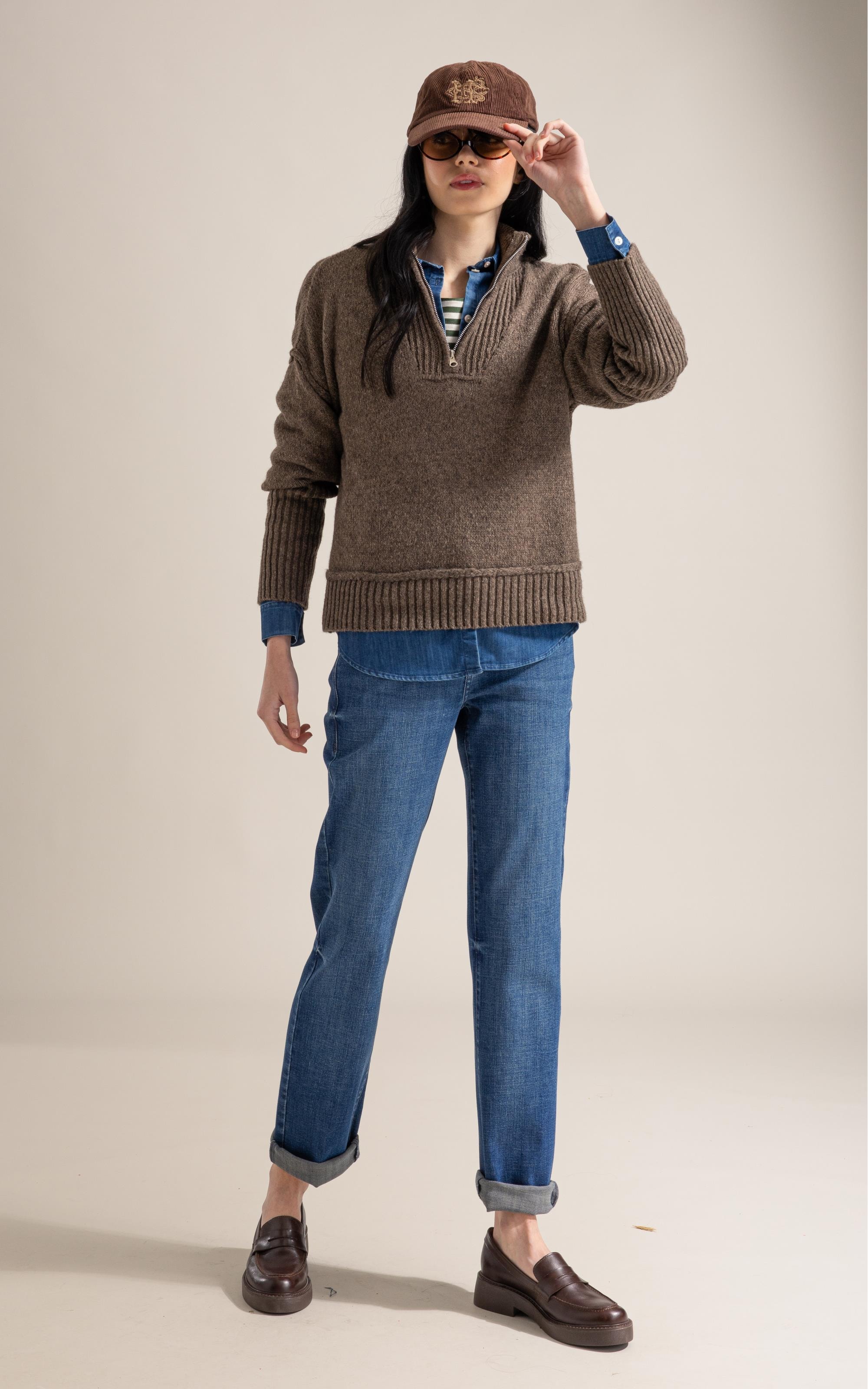 Tricot Myra Zíper Gola Alta Marrom