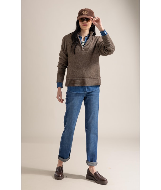 Tricot Myra Zíper Gola Alta Marrom