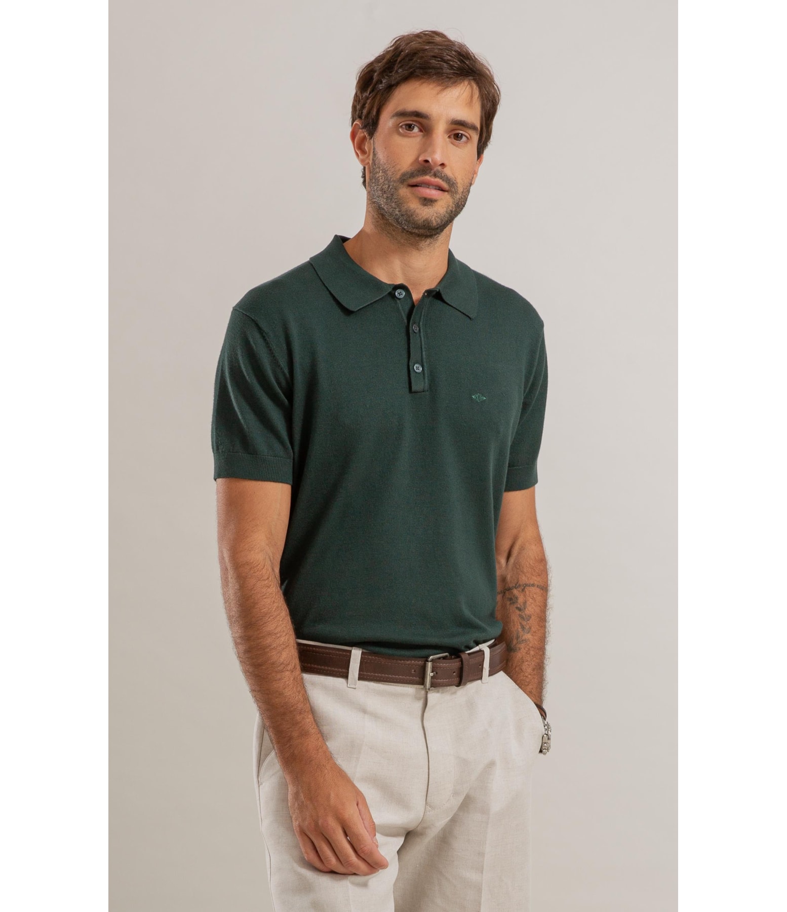 Tricot Polo Manga Curta Verde Escuro