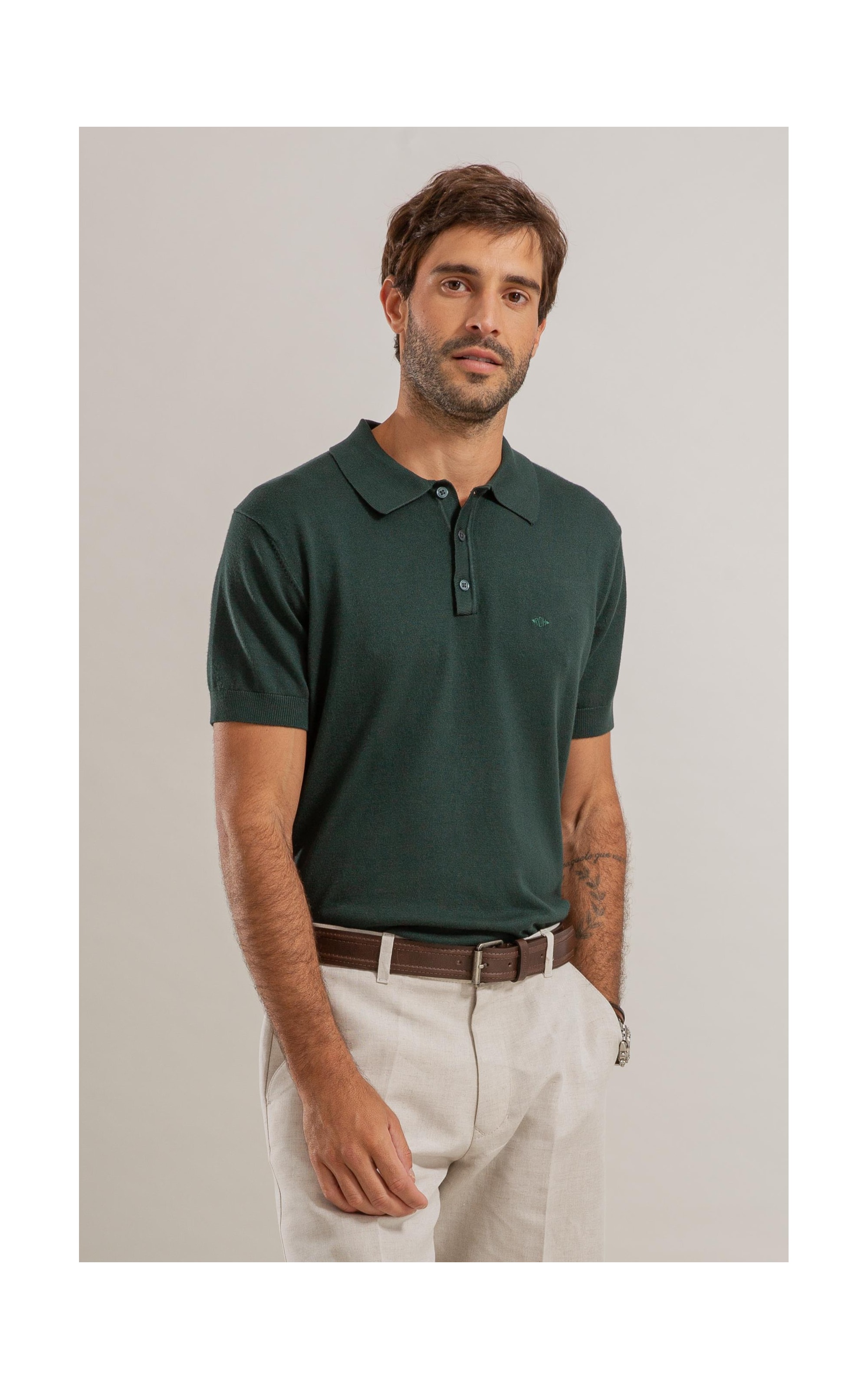 Tricot Polo Manga Curta Verde Escuro