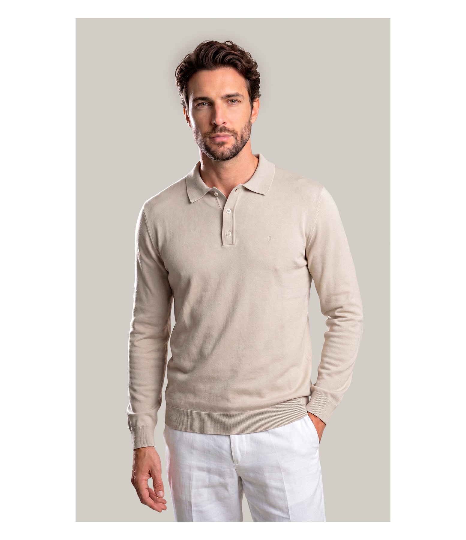 Tricot Polo Manga Longa Areia